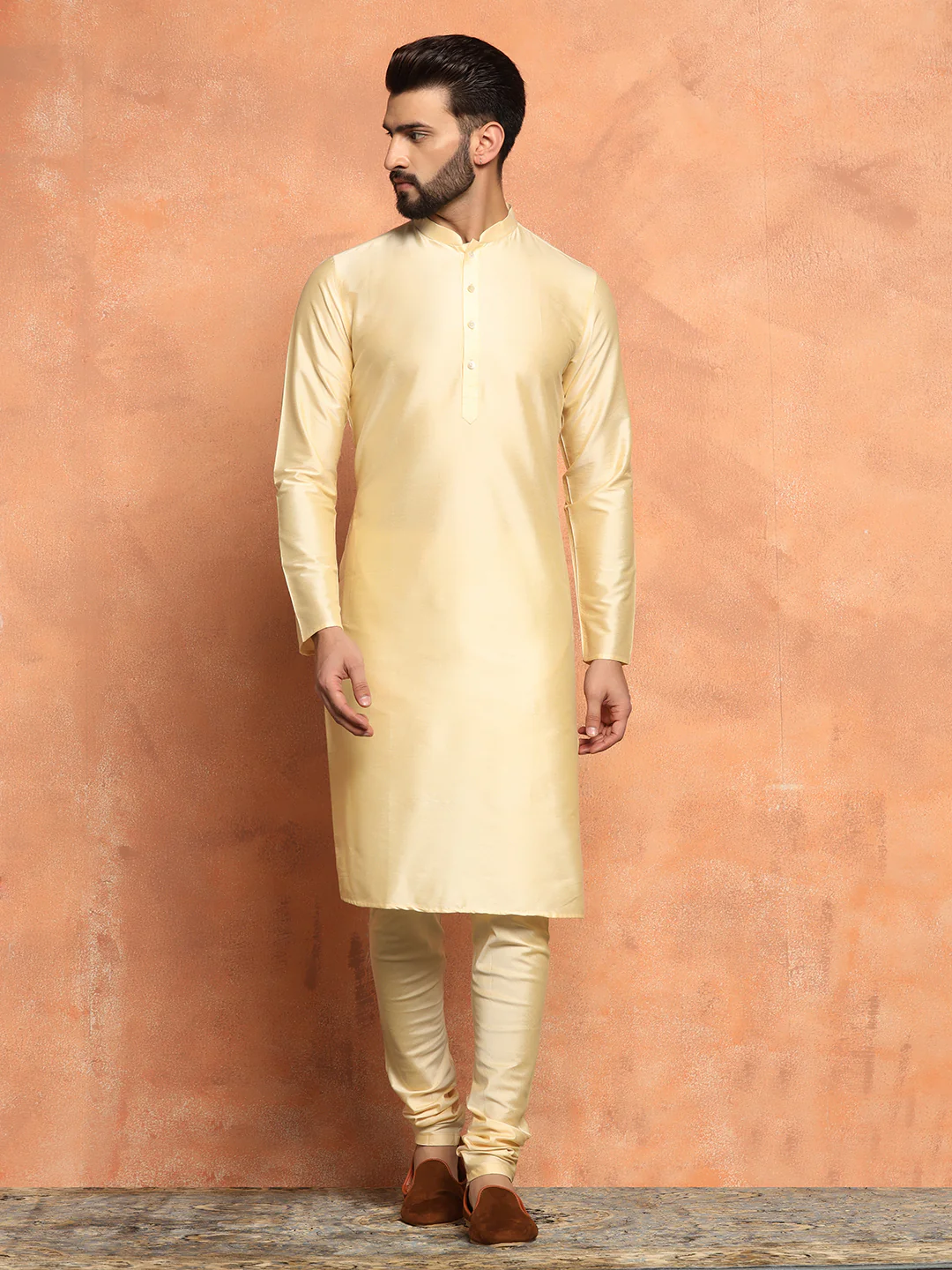 Yellow Jacquard Jacket Kurta Churidar Set - Image 5