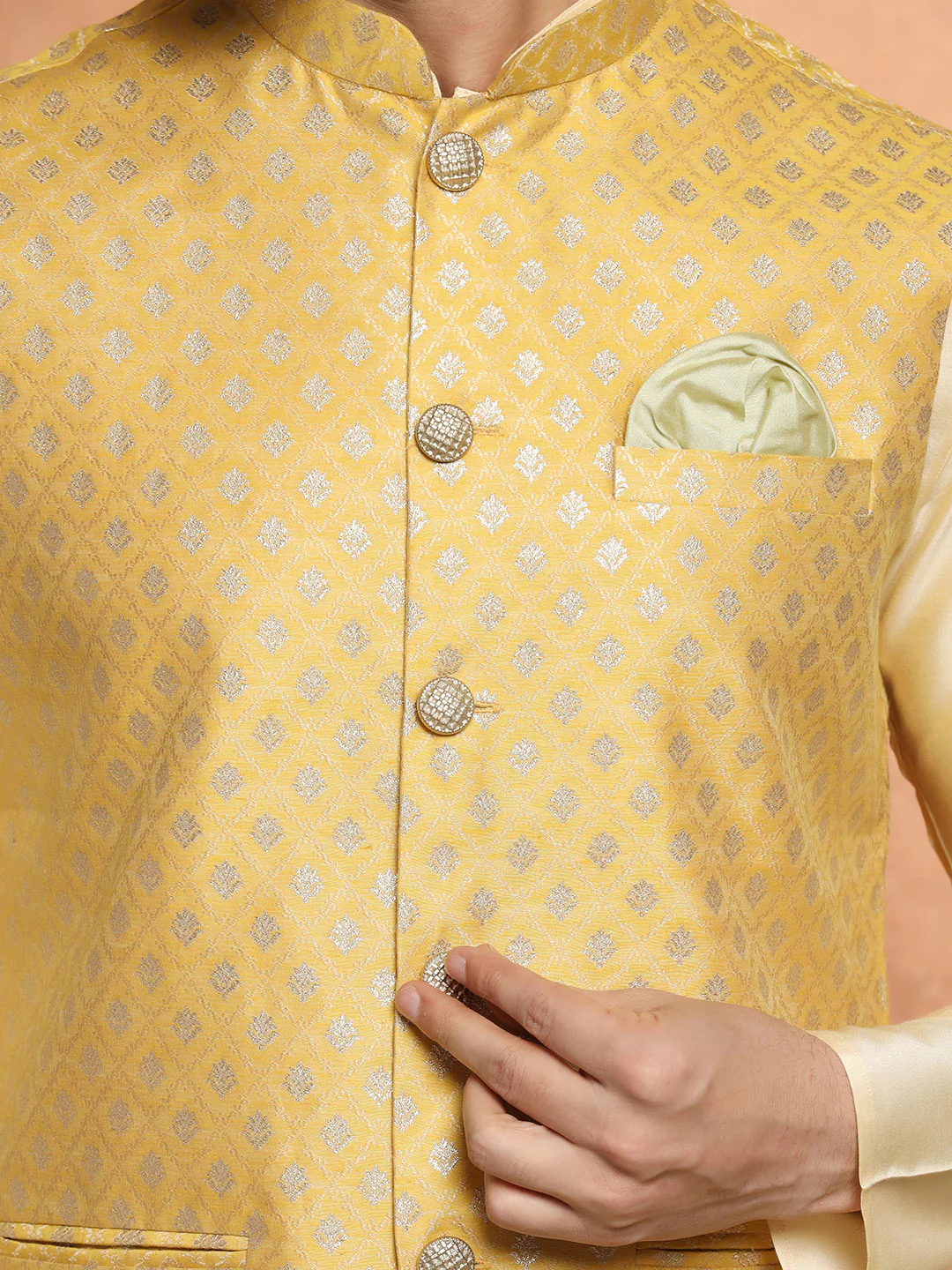 Yellow Jacquard Jacket Kurta Churidar Set - Image 6