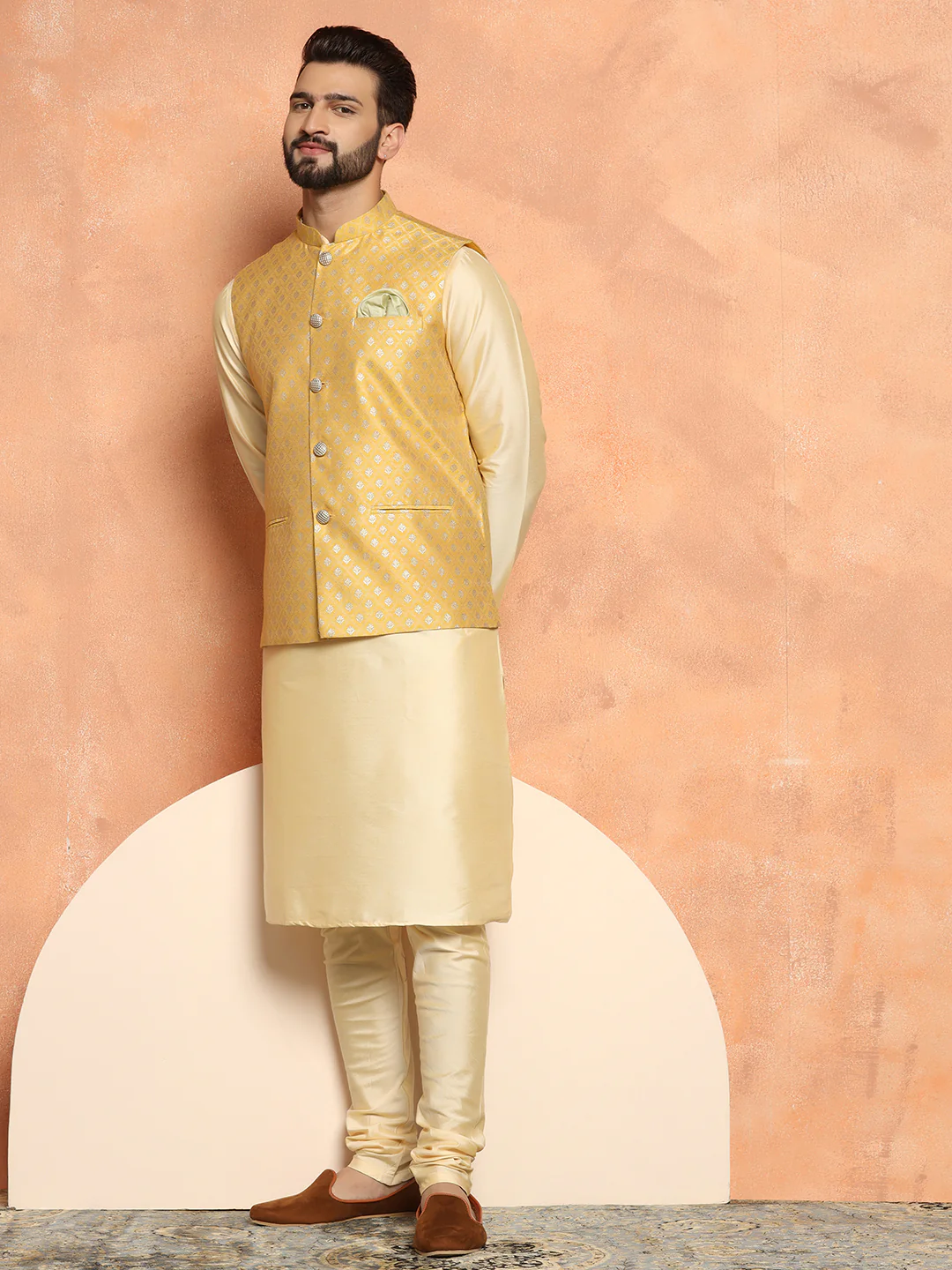 Yellow Jacquard Jacket Kurta Churidar Set - Image 8