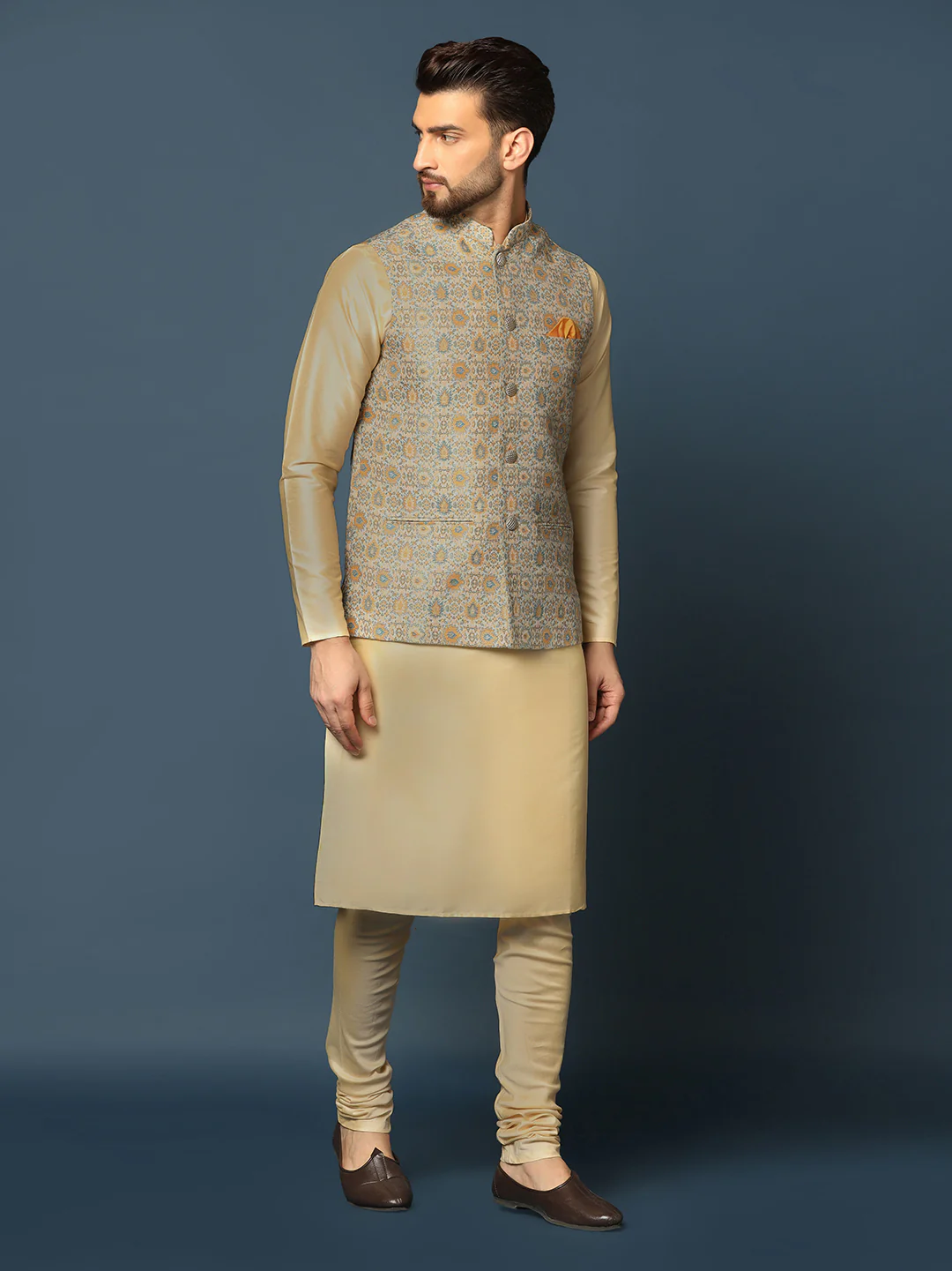 Beige Silk Blend Textured Nehru Jacket Kurta Churidar - Image 3