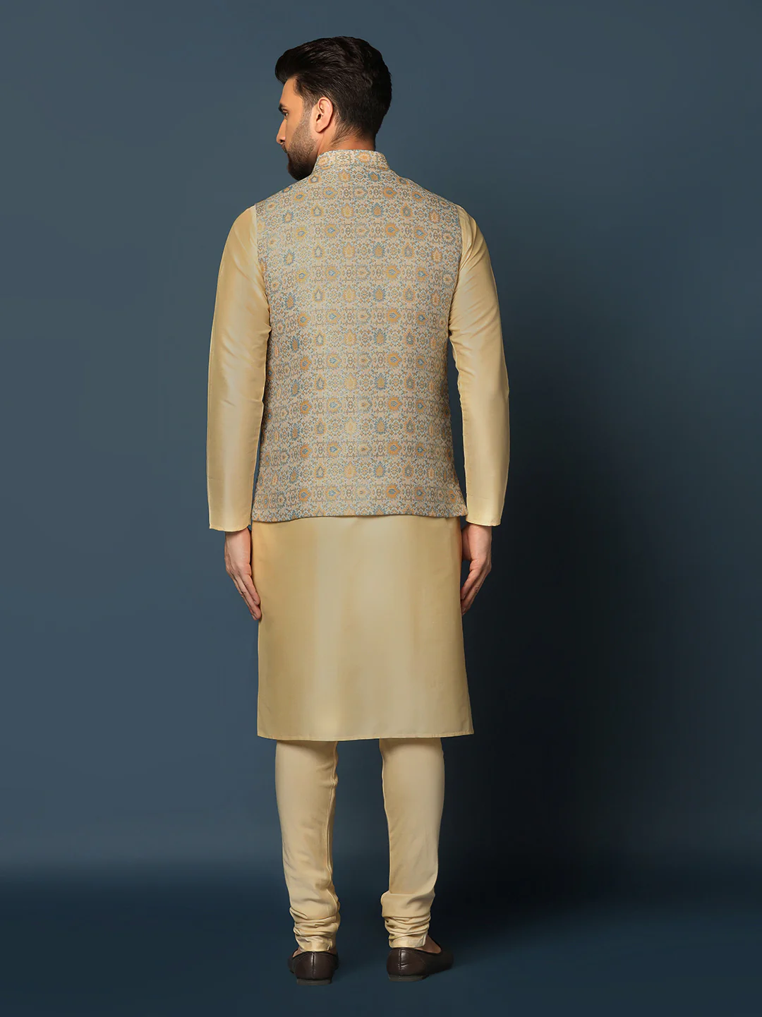 Beige Silk Blend Textured Nehru Jacket Kurta Churidar - Image 5