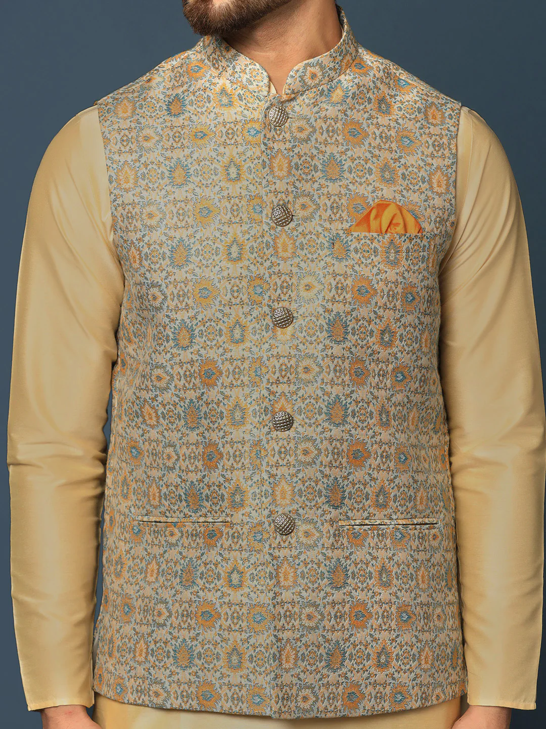 Beige Silk Blend Textured Nehru Jacket Kurta Churidar - Image 7