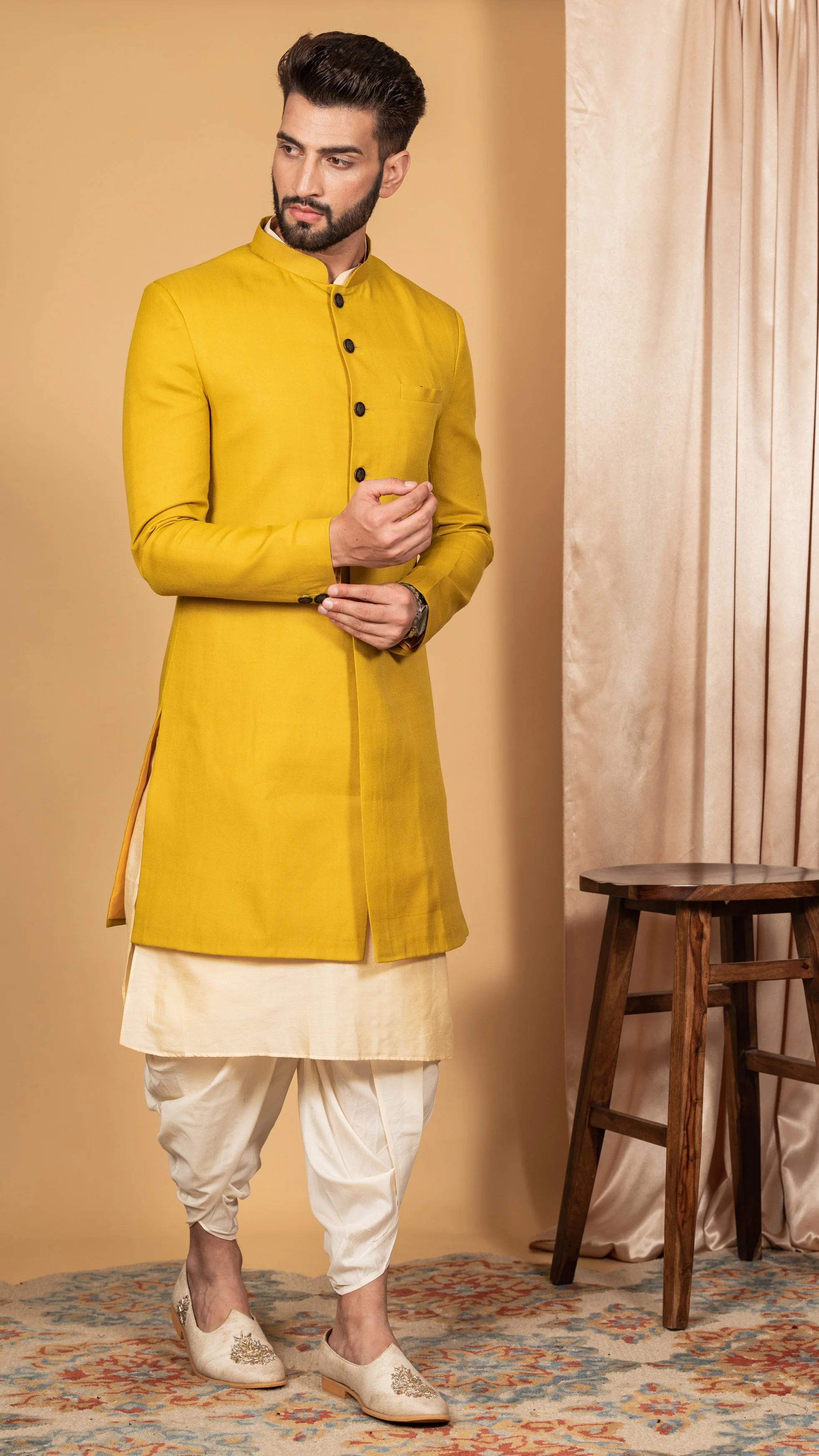 Men's Mustard Indowestern Set With Kurta and Dhoti - Image 3