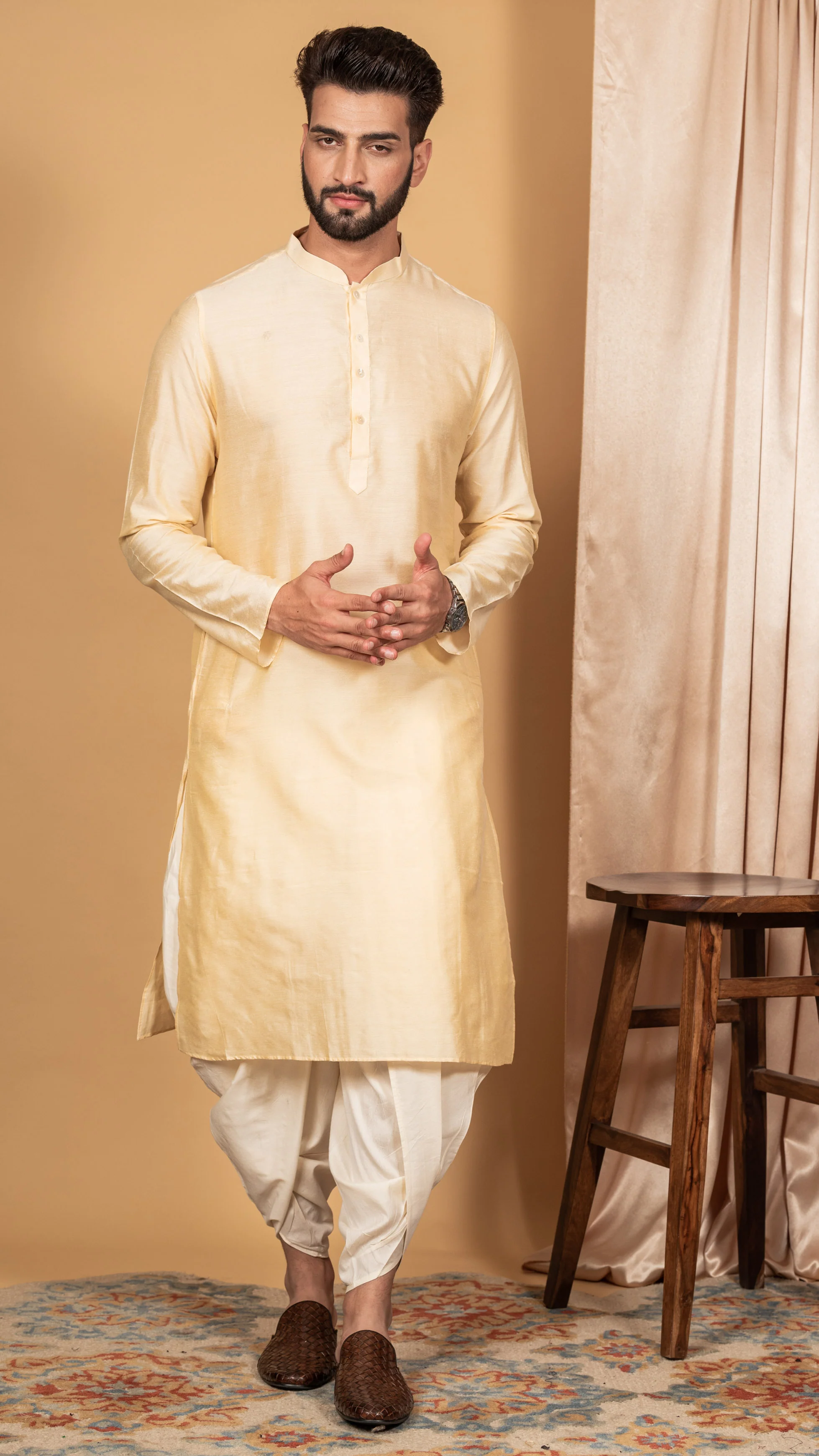 Men's Mustard Indowestern Set With Kurta and Dhoti - Image 6