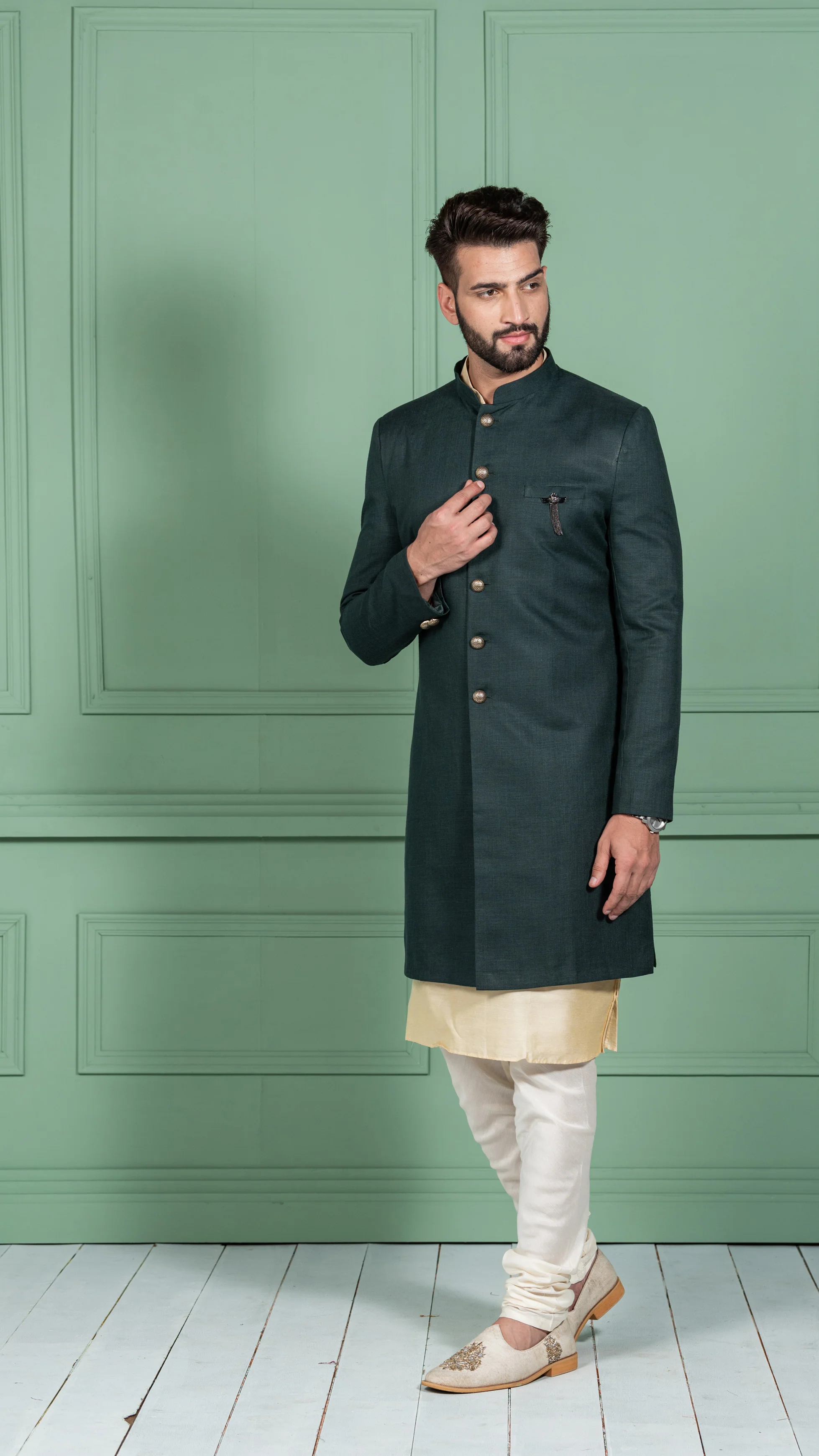 Men's Green Indowestern Set With Kurta and Churidar - Image 2