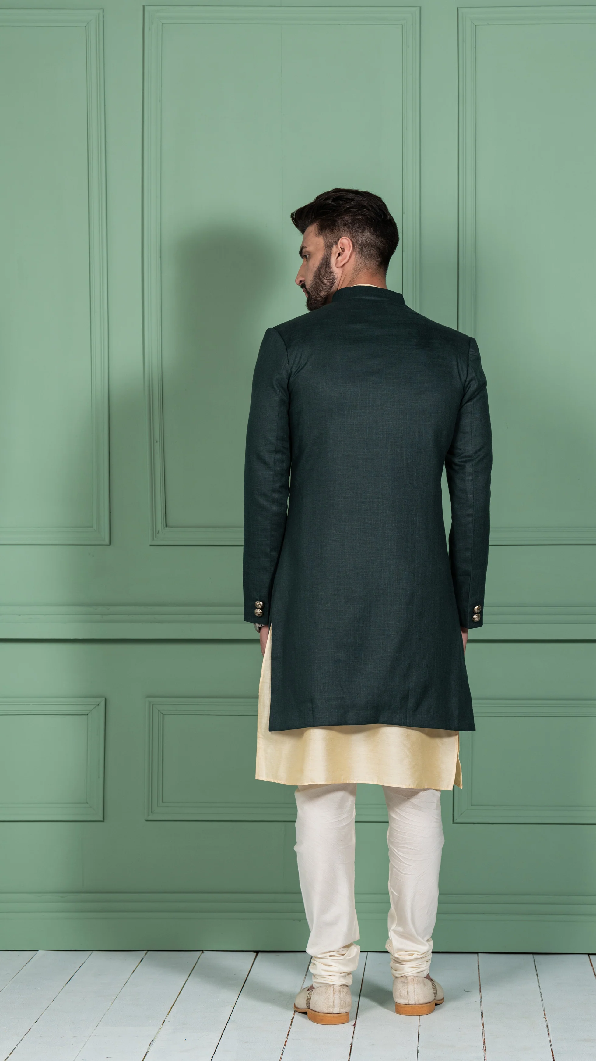 Men's Green Indowestern Set With Kurta and Churidar - Image 3