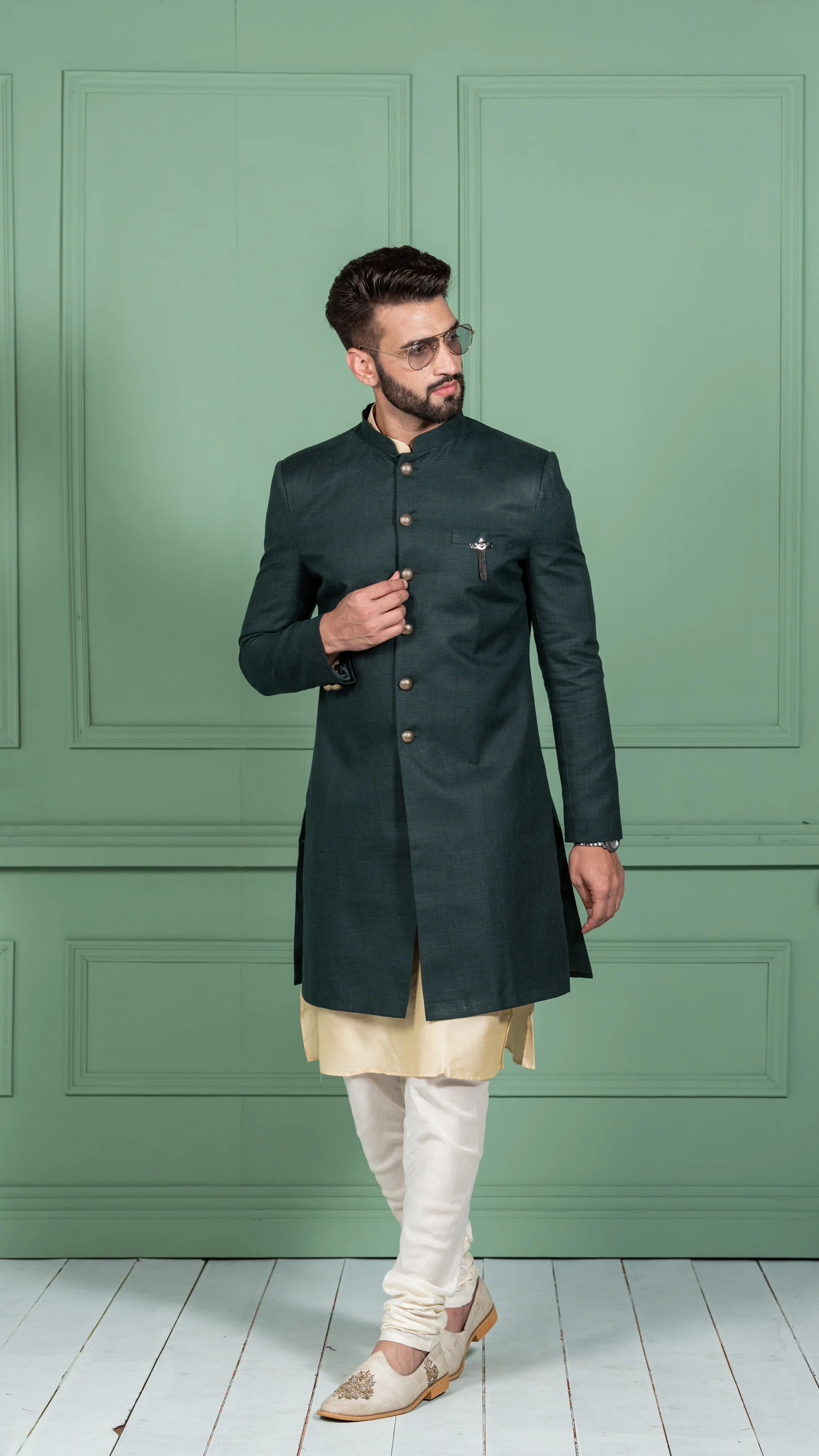 Men's Green Indowestern Set With Kurta and Churidar - Image 8