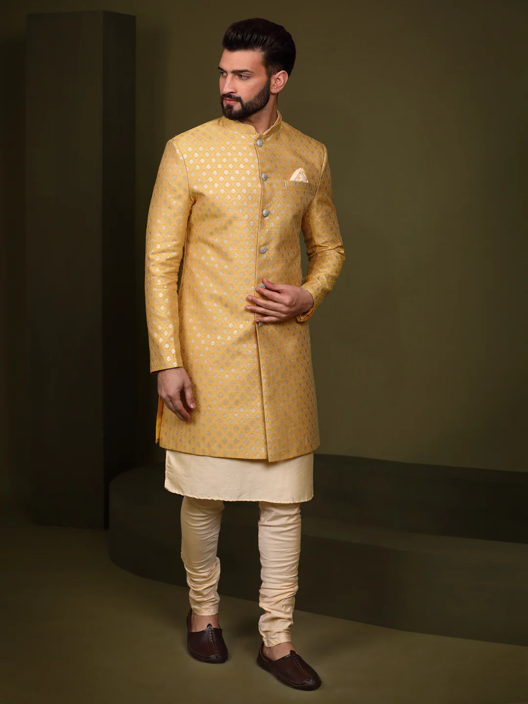Men's Mustard Indowestern Set With Kurta and Churidar - Image 2