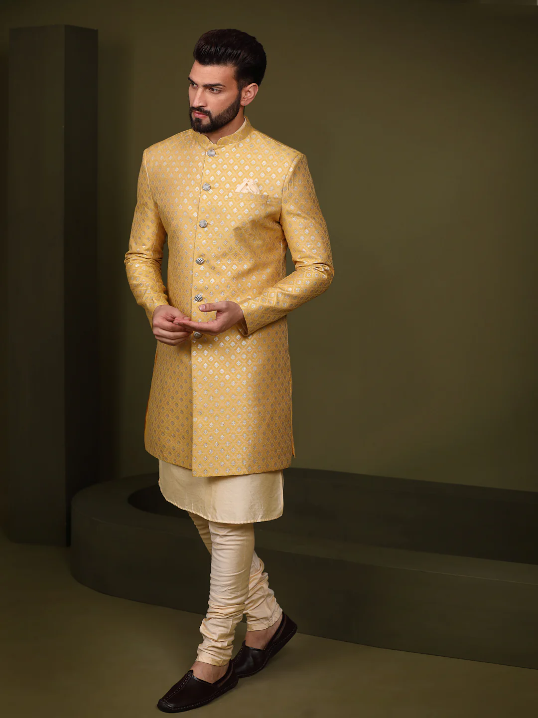 Men's Mustard Indowestern Set With Kurta and Churidar - Image 3