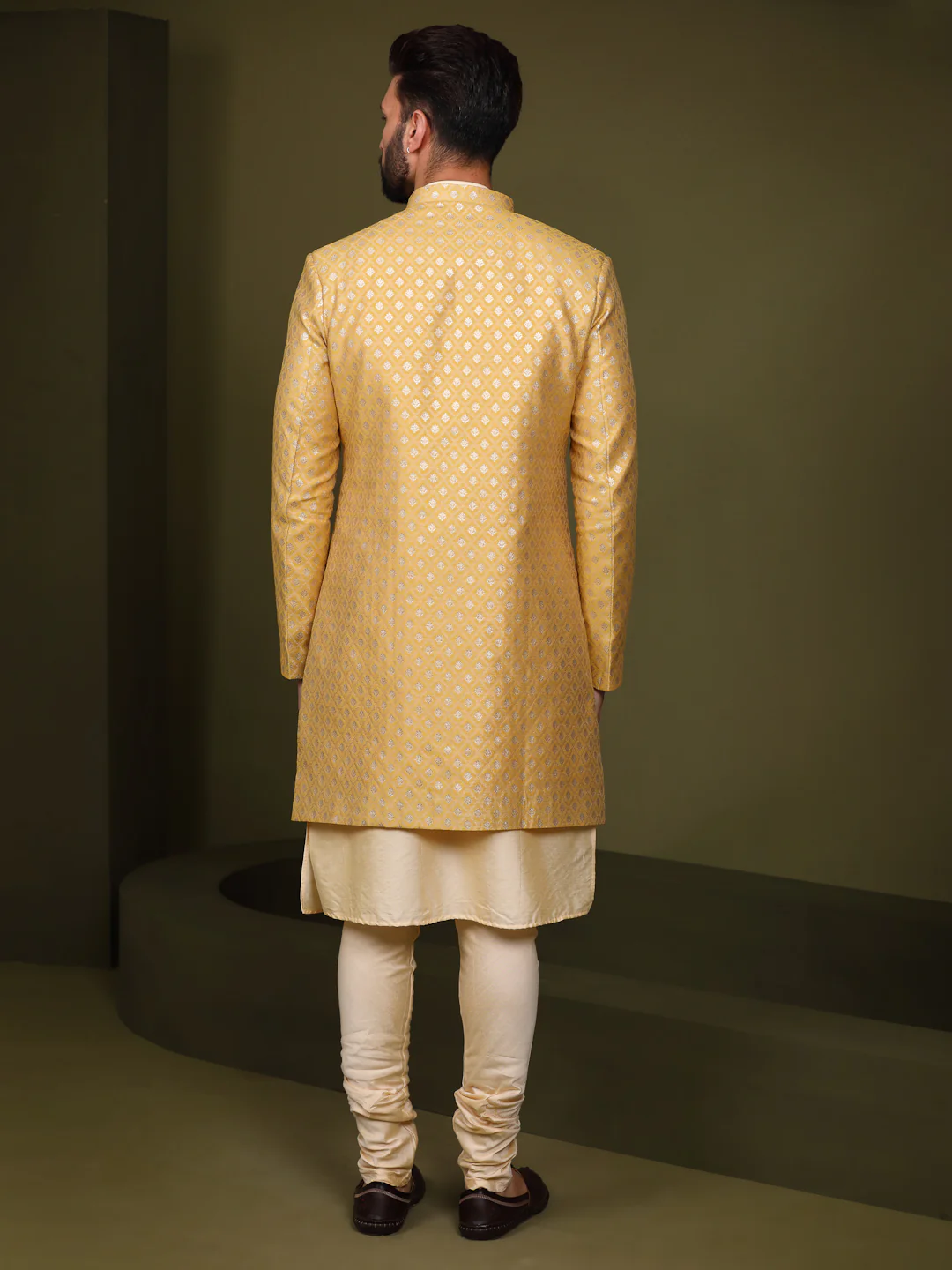 Men's Mustard Indowestern Set With Kurta and Churidar - Image 4
