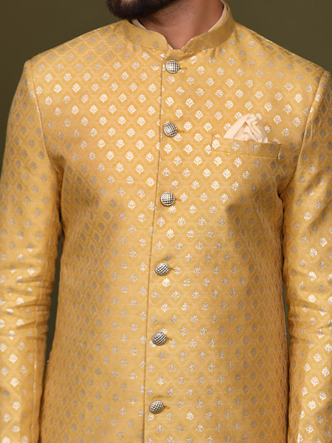 Men's Mustard Indowestern Set With Kurta and Churidar - Image 6