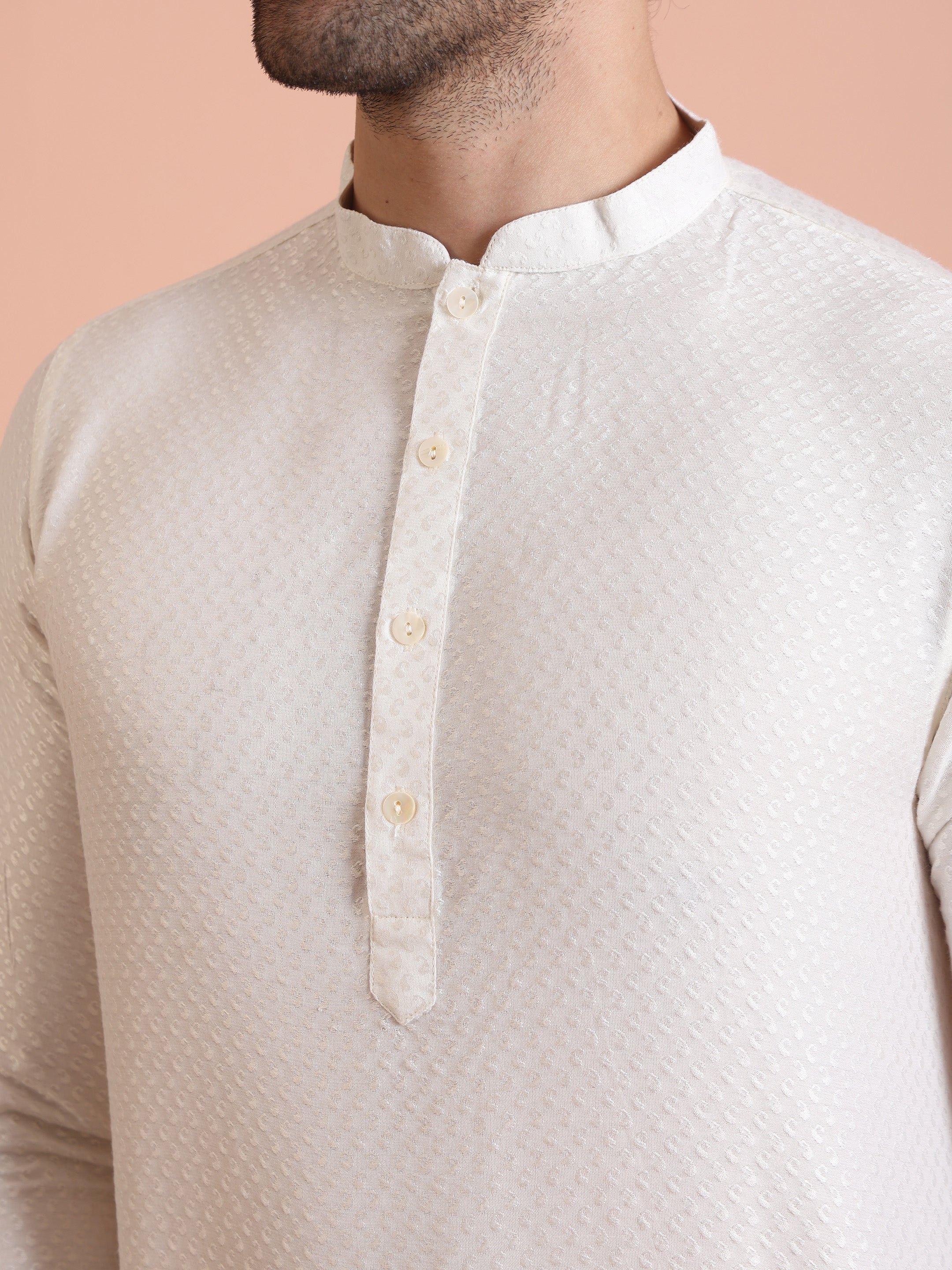 Men White Woven Design Kurta - Image 2