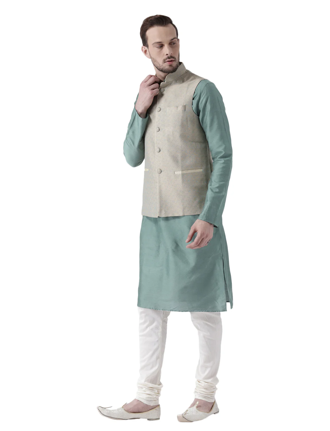 Men's Beige Kurta Jacket Pyjama Set - Image 3