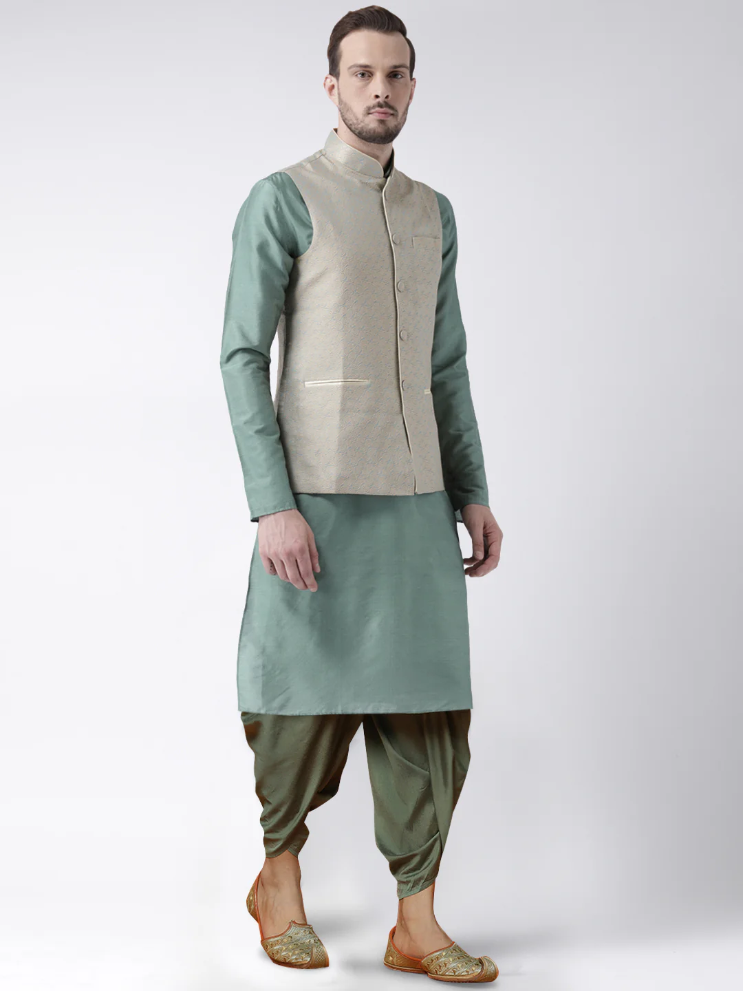 Men's Green Kurta Jacket Dhoti Set - Image 2