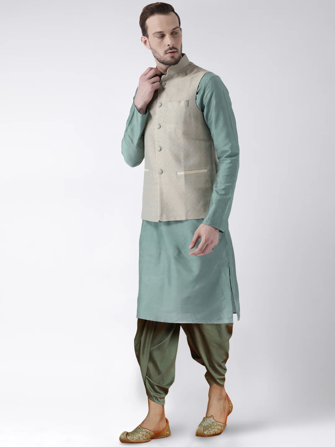 Men's Green Kurta Jacket Dhoti Set - Image 3