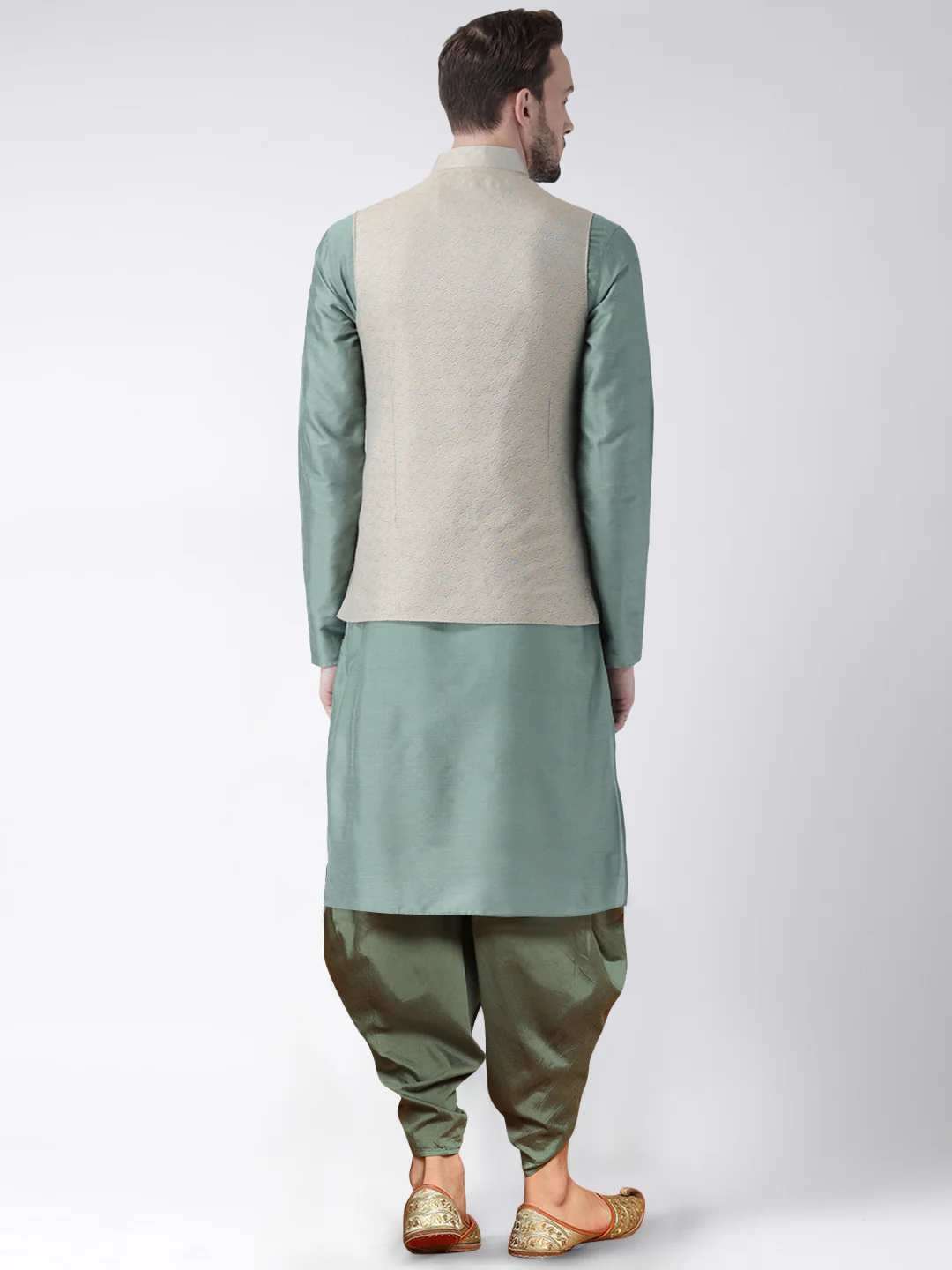 Men's Green Kurta Jacket Dhoti Set - Image 4