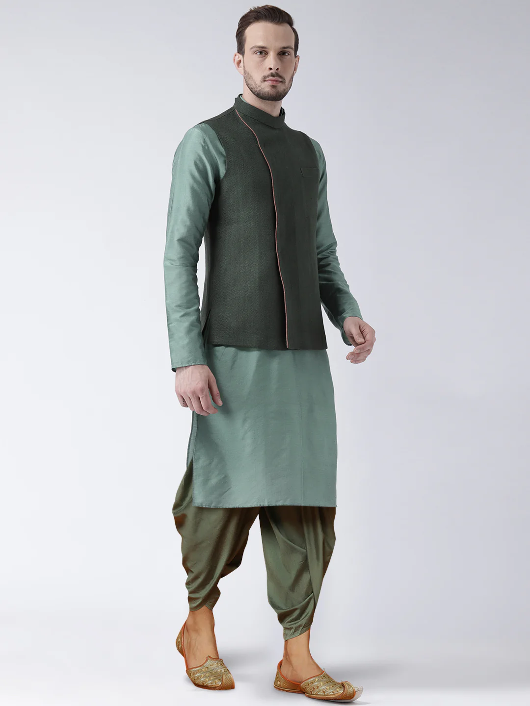 Men's Green Kurta Jacket Dhoti Set - Image 2