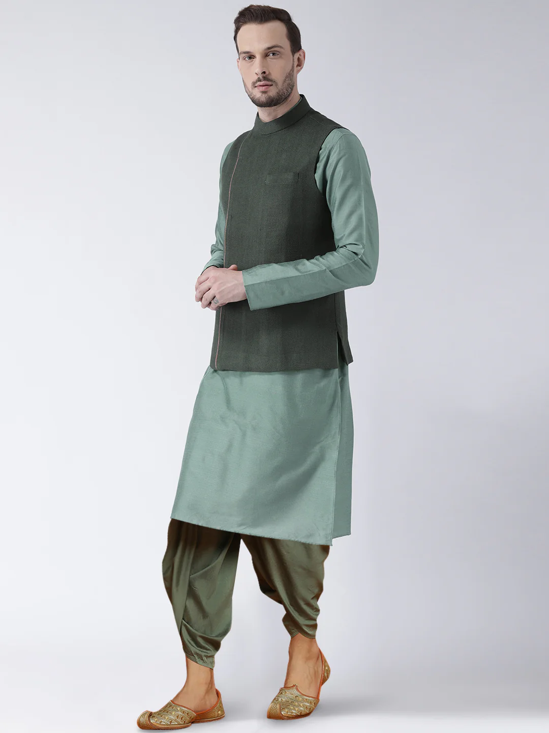 Men's Green Kurta Jacket Dhoti Set - Image 3