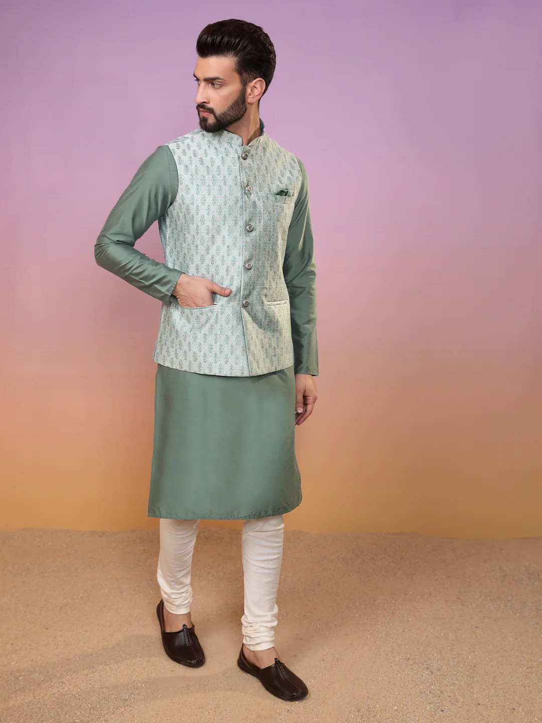 Men Green Kurta Jacket Set - Image 2