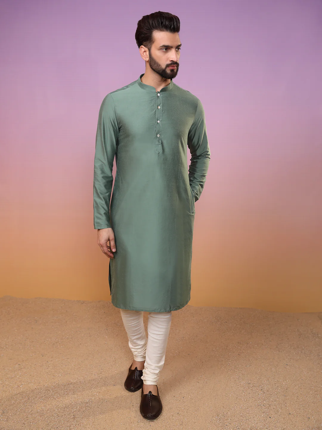 Men Green Kurta Jacket Set - Image 5