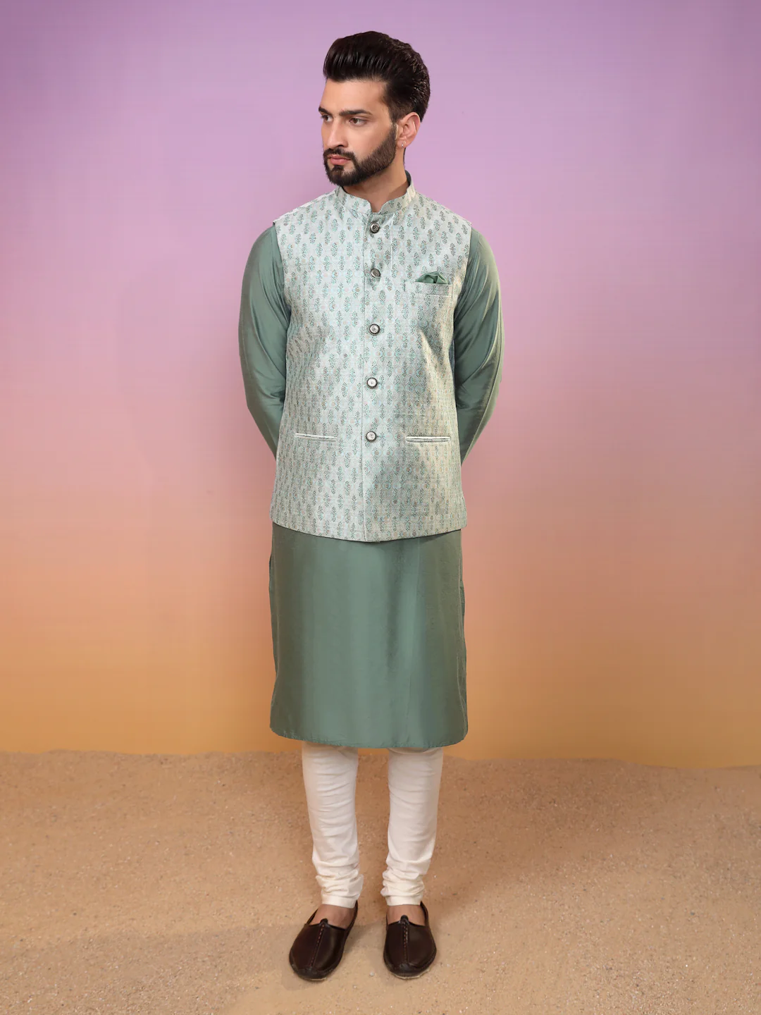 Men Green Kurta Jacket Set - Image 8