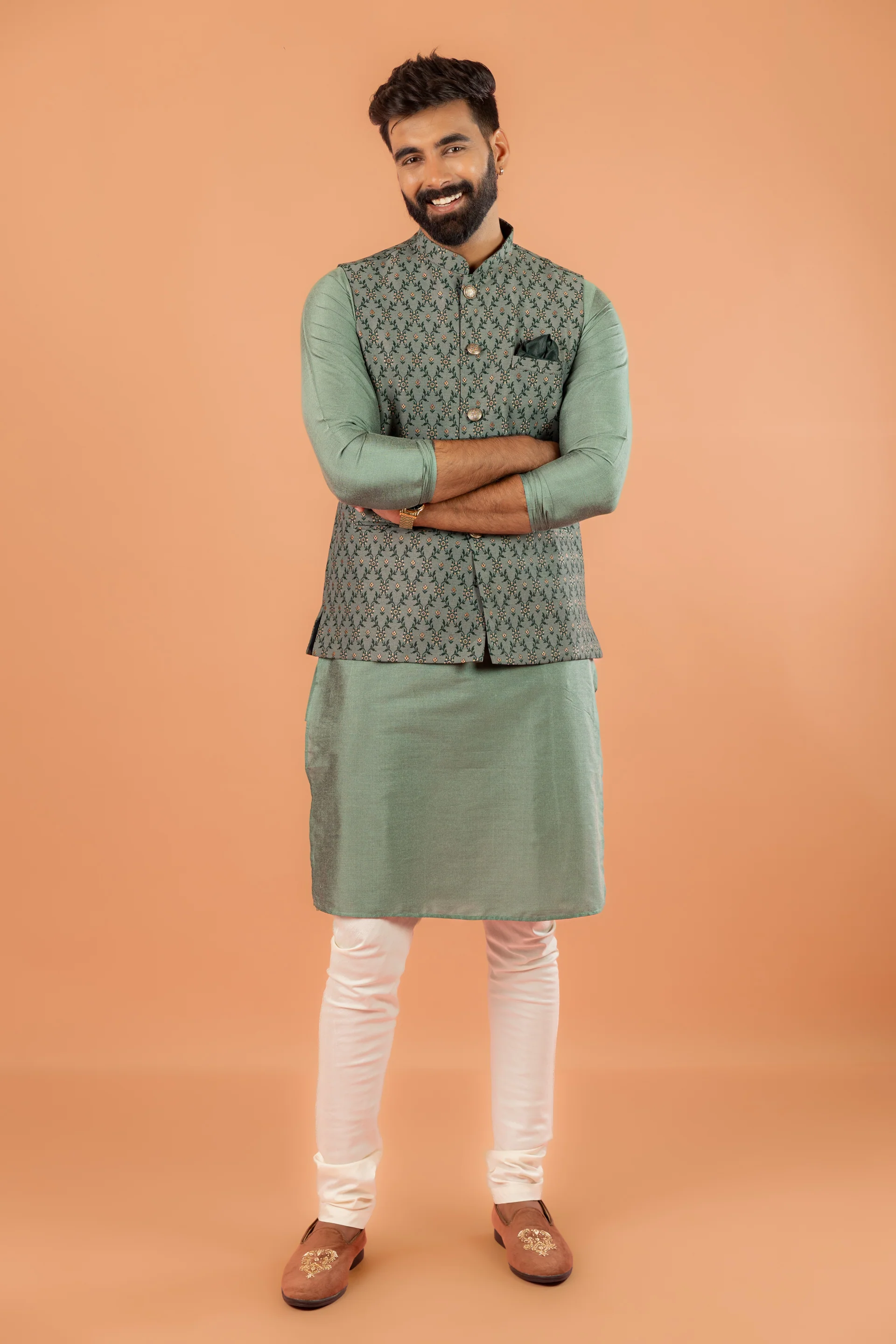 Green Cotton Self Design Jacket Kurta Churidar - Image 7