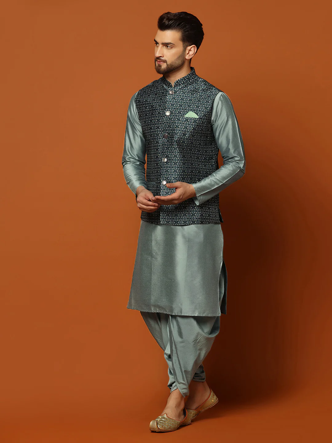 Men's Teal Kurta Jacket Dhoti Set - Image 3