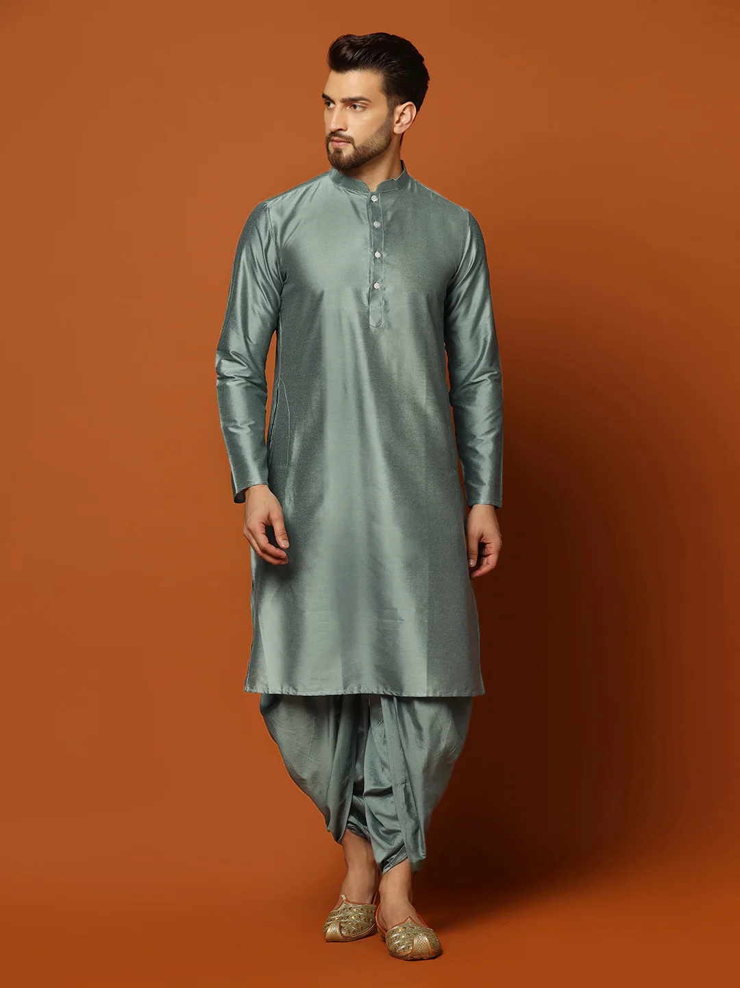 Men's Teal Kurta Jacket Dhoti Set - Image 5