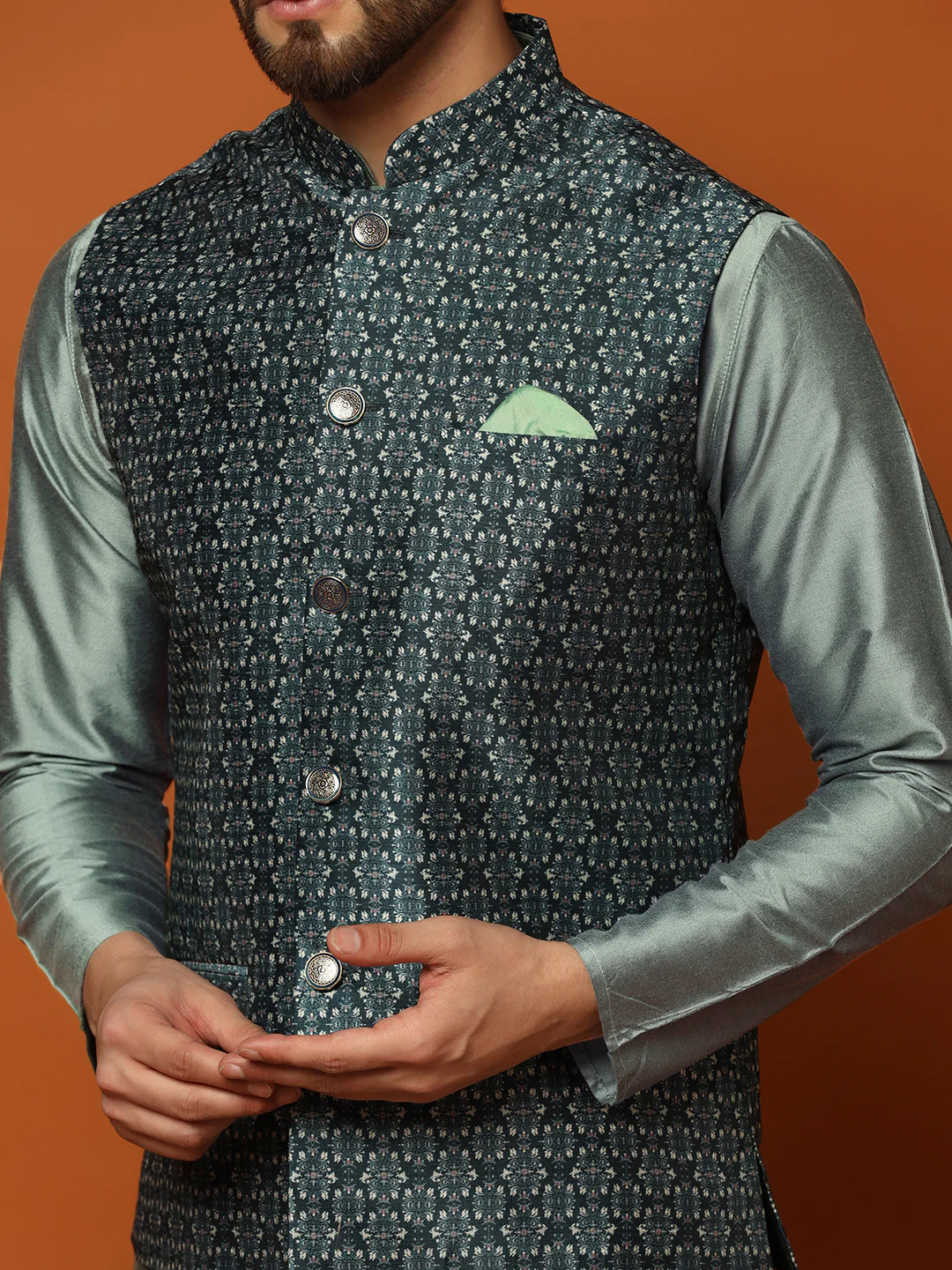 Men's Teal Kurta Jacket Dhoti Set - Image 6