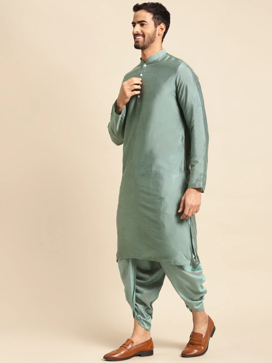Men's Cream Indowestern Set With Kurta and Dhoti - Image 5