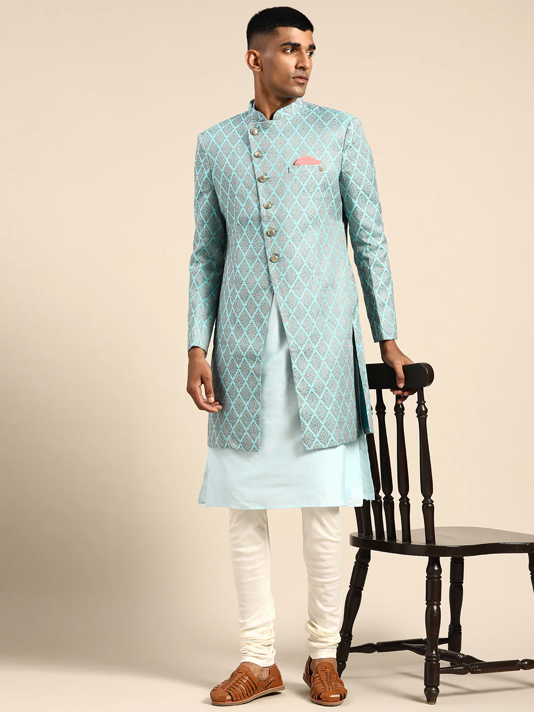 Men's Blue Indowestern Set With Kurta and Churidar - Image 3