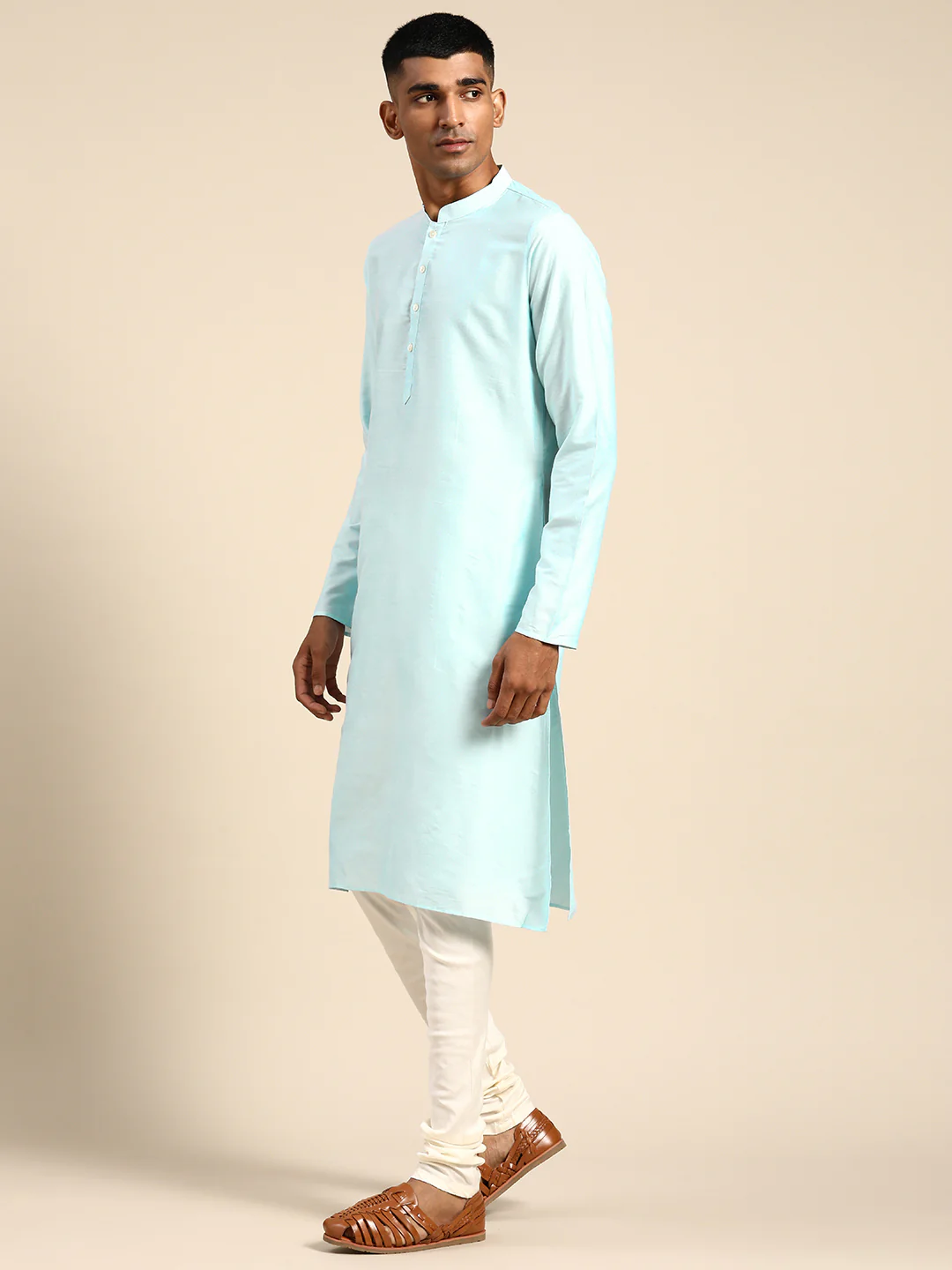 Men's Blue Indowestern Set With Kurta and Churidar - Image 4