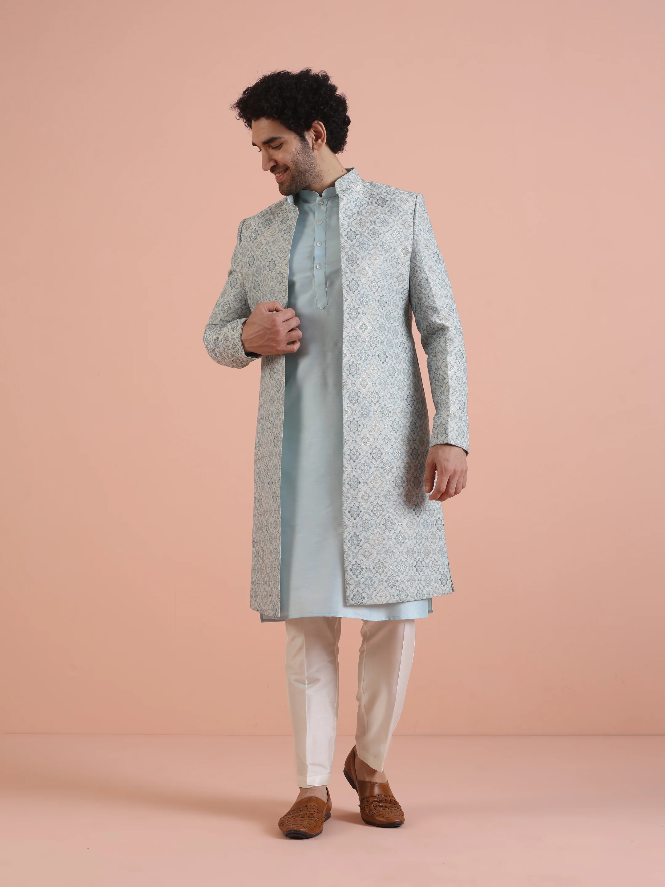 Men Blue Jacquard Geometric Kurta Indowestern Trouser Set - Image 10