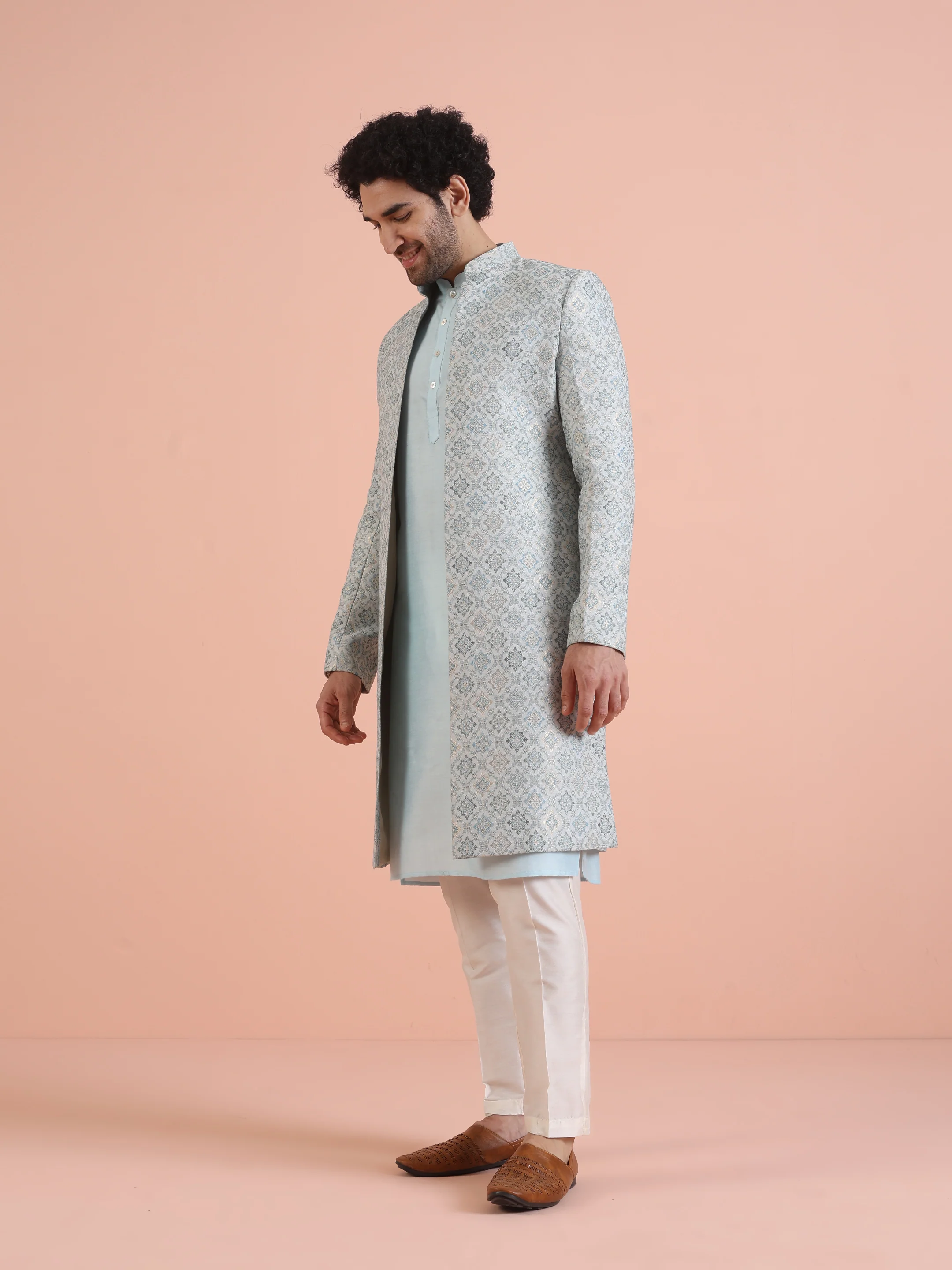 Men Blue Jacquard Geometric Kurta Indowestern Trouser Set - Image 3
