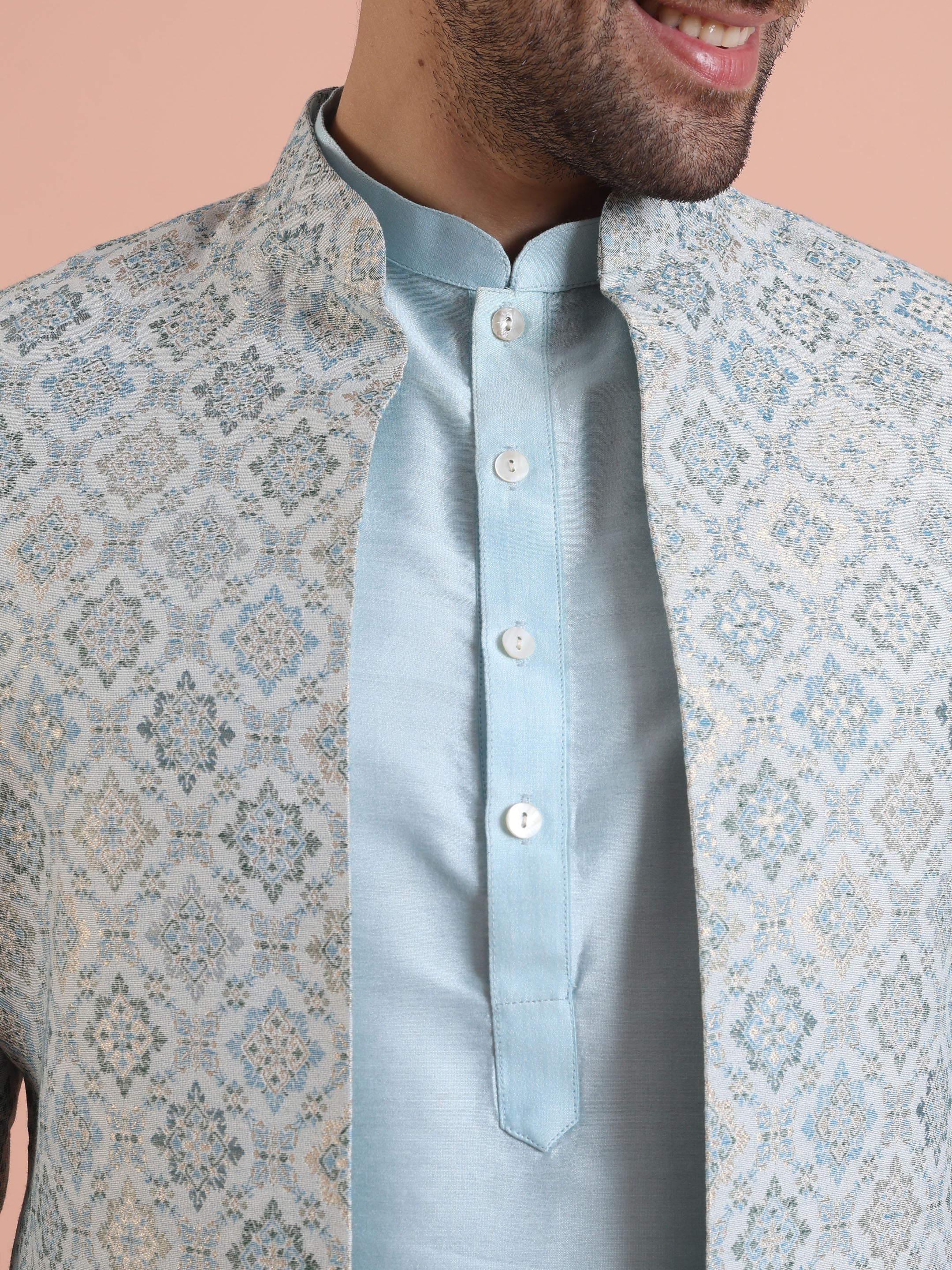 Men Blue Jacquard Geometric Kurta Indowestern Trouser Set - Image 5