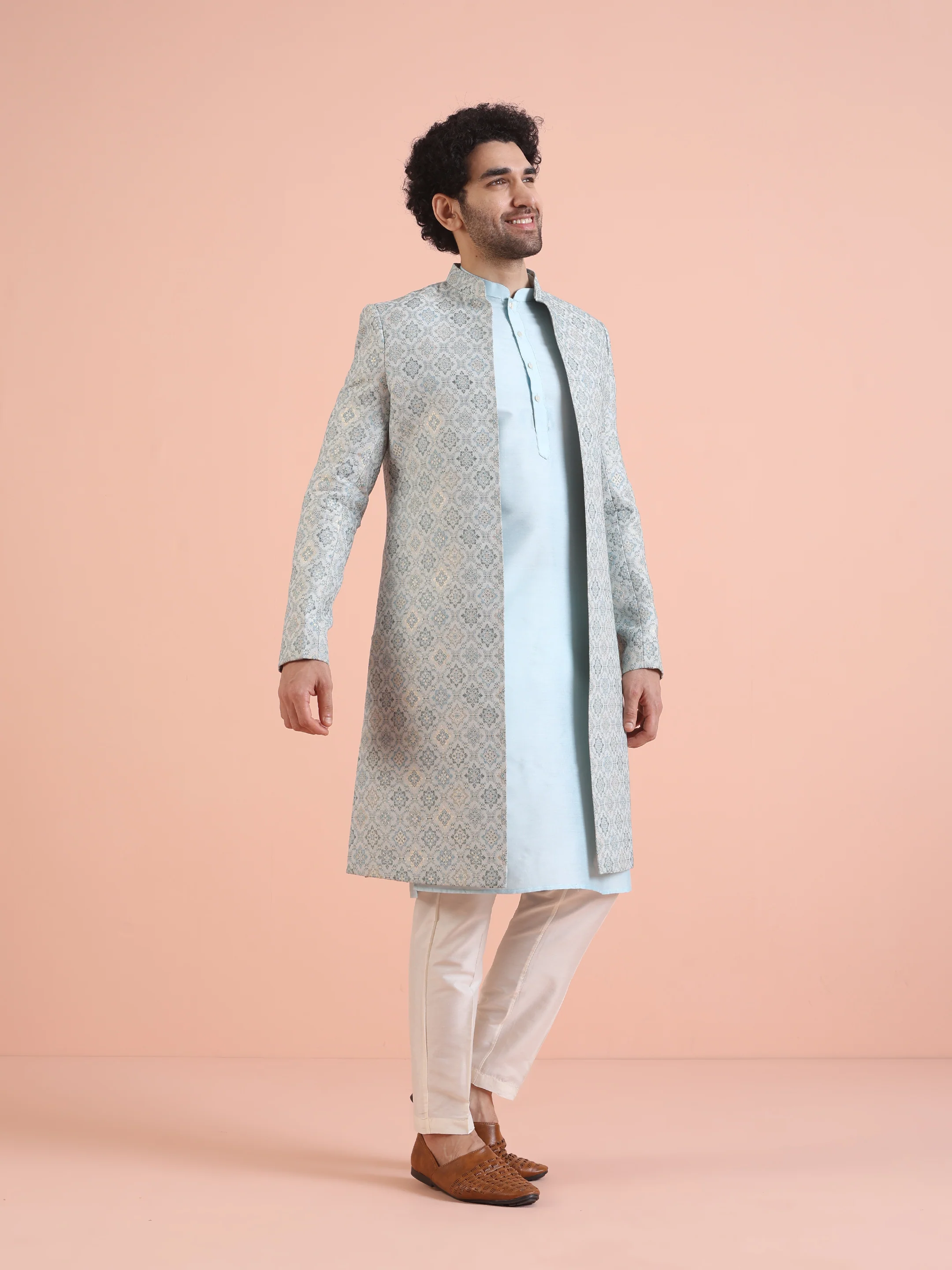 Men Blue Jacquard Geometric Kurta Indowestern Trouser Set - Image 8