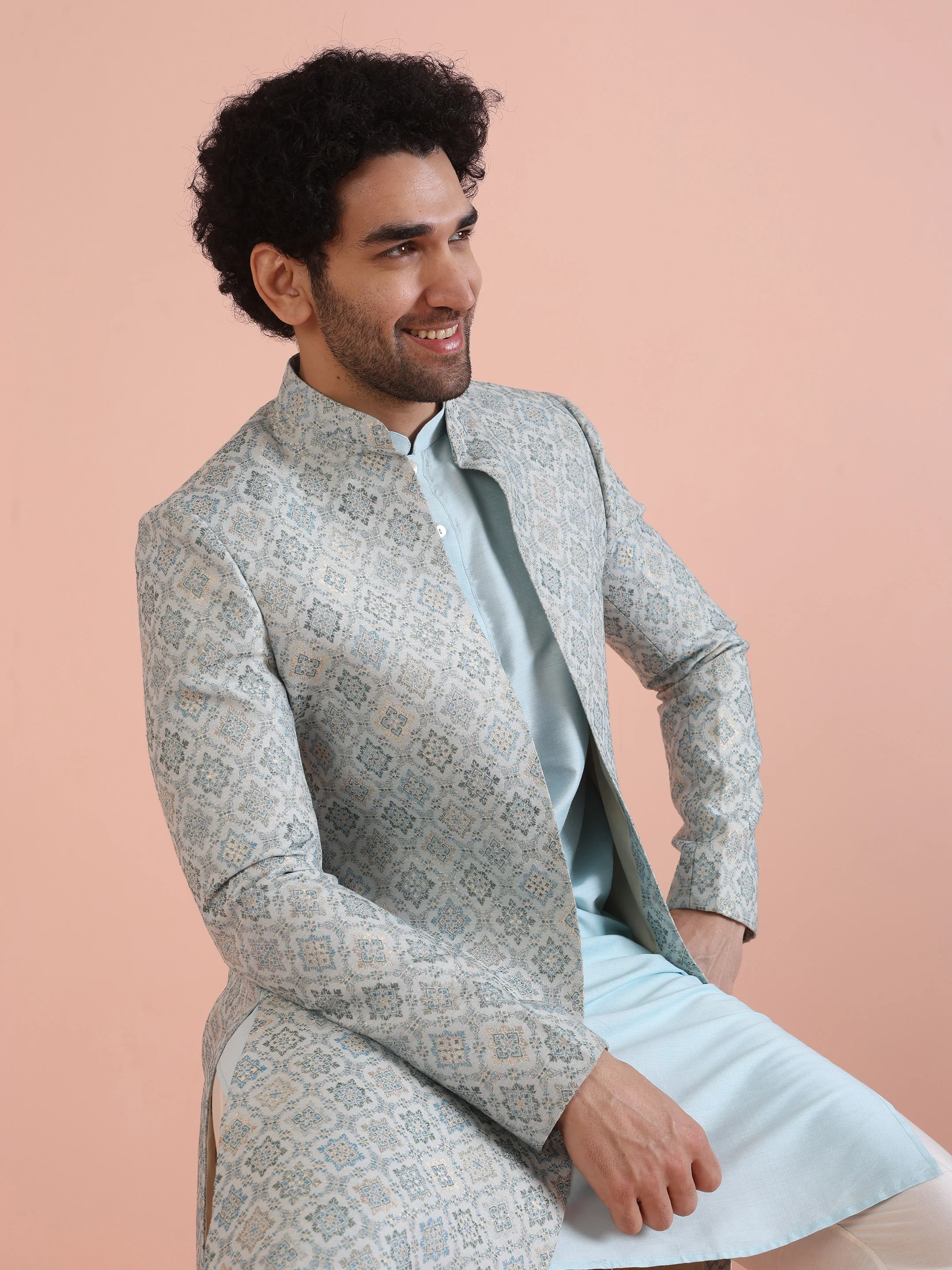 Men Blue Jacquard Geometric Kurta Indowestern Trouser Set - Image 9