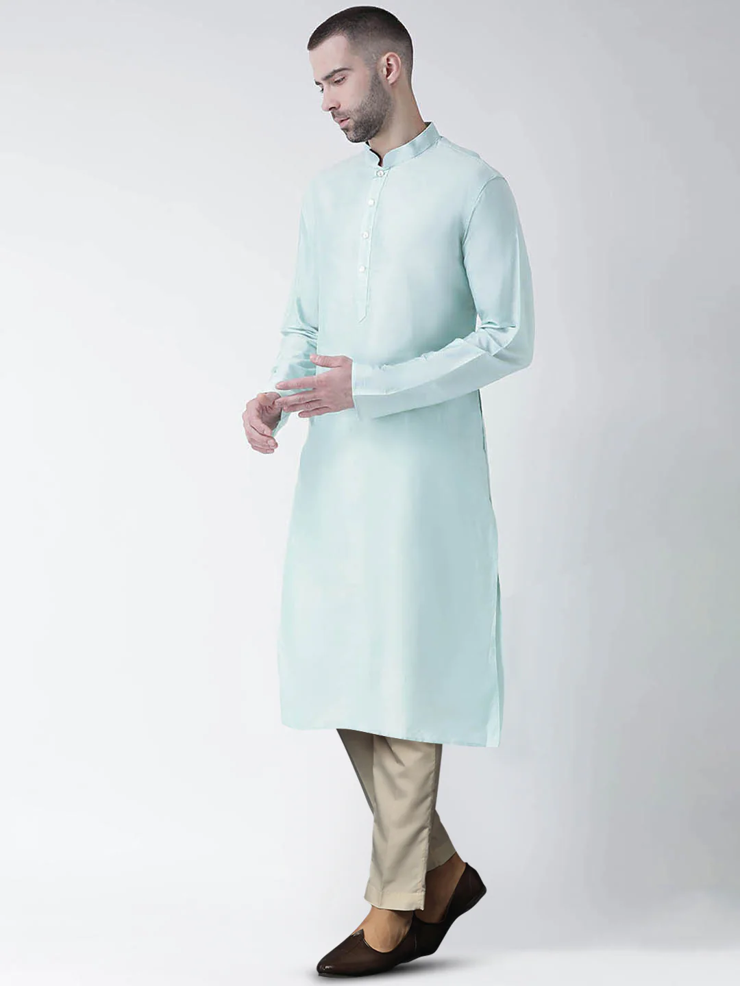 Light Green Silk Blend Solid Kurta Trouser Set - Image 2