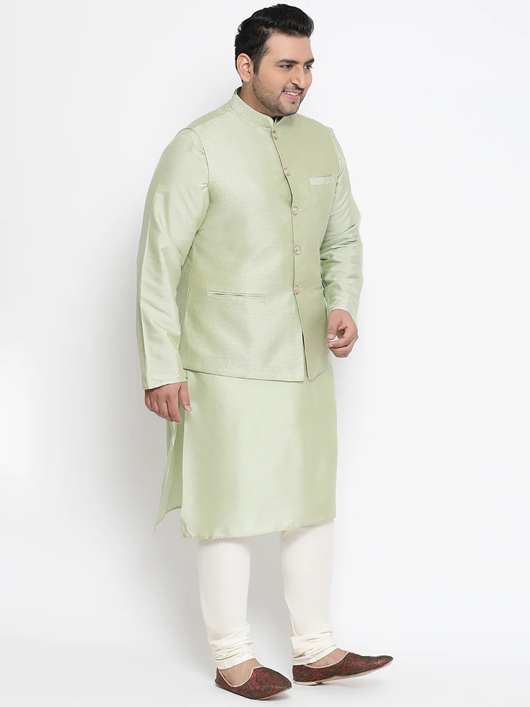 Men's Green Kurta Churidar Jacket Set - Image 7