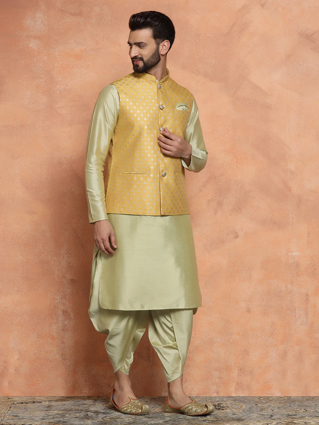Men Mustard Kurta Jacket Set - Image 2