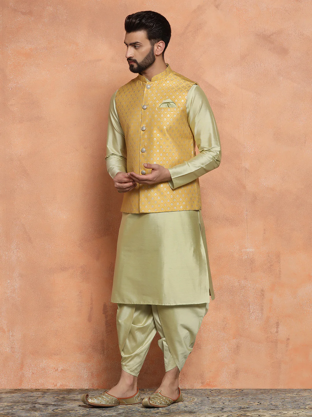 Men Mustard Kurta Jacket Set - Image 3