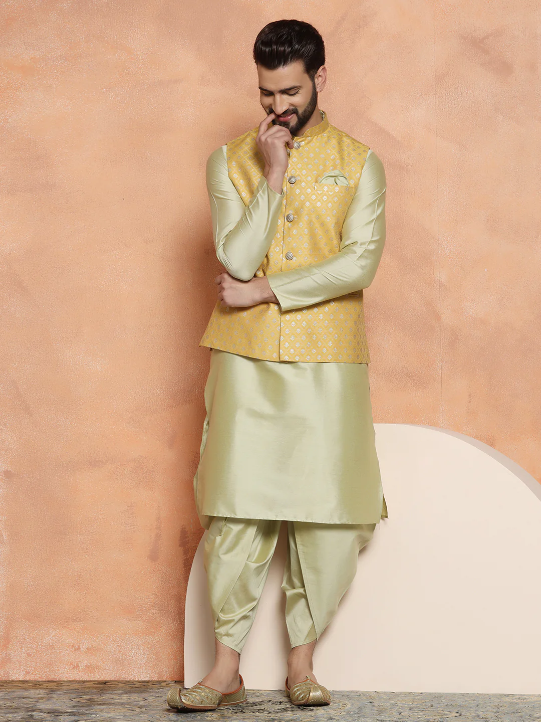 Men Mustard Kurta Jacket Set - Image 8
