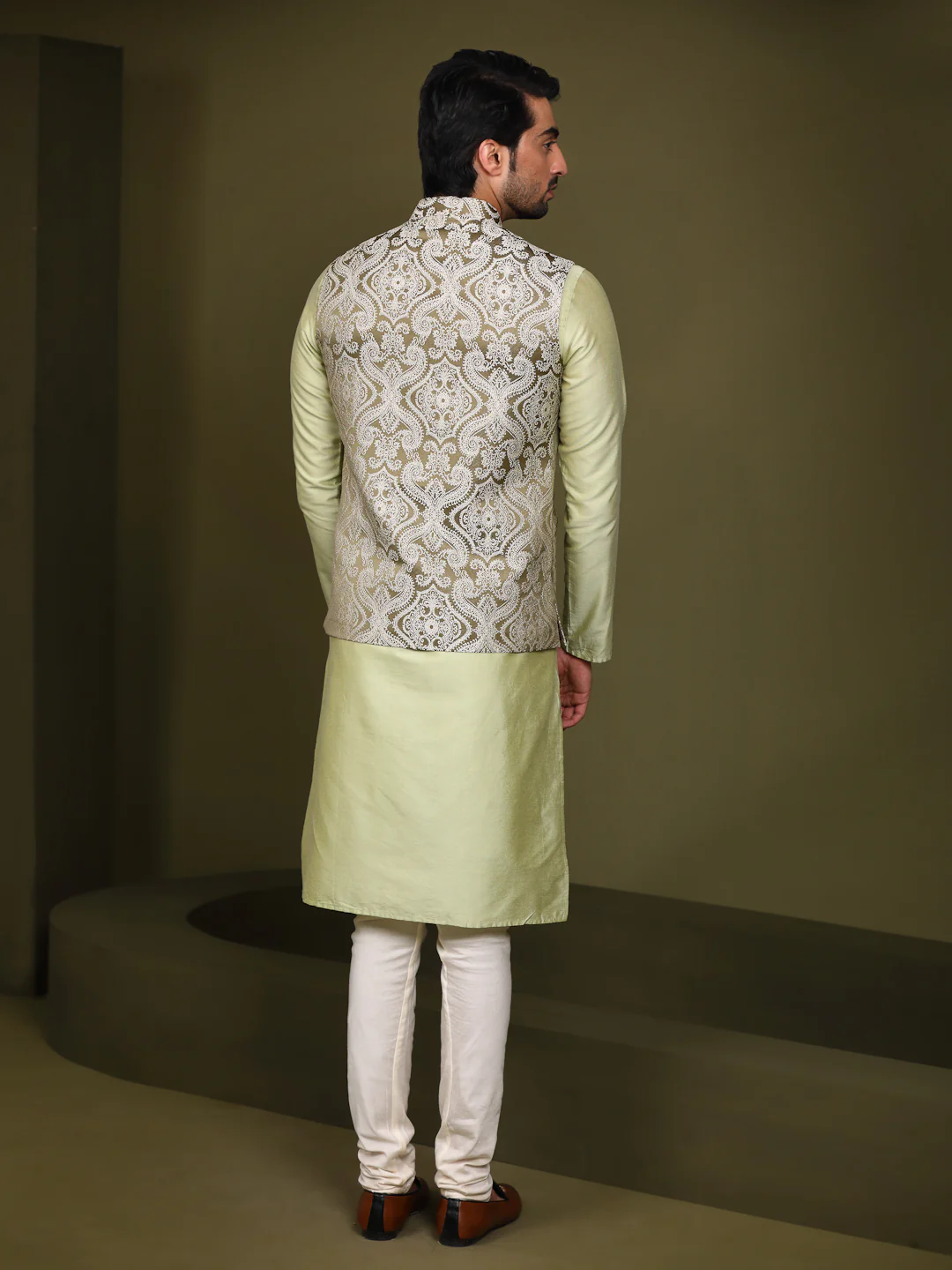 Olive Green Embroidered Jacket Kurta Churidar Set - Image 3