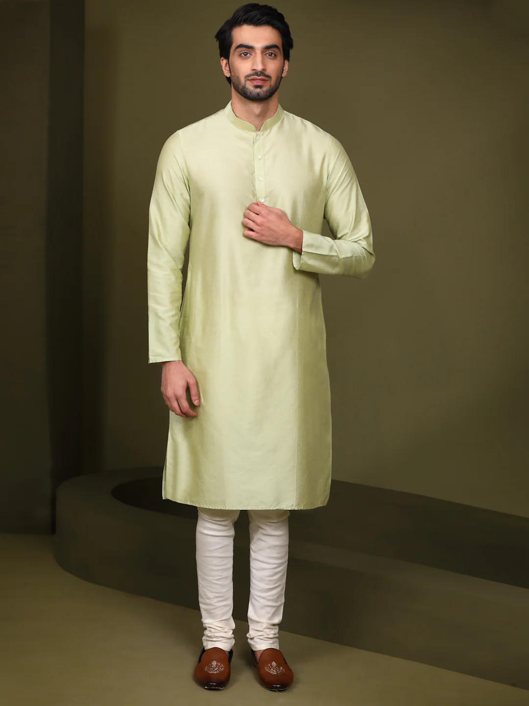 Olive Green Embroidered Jacket Kurta Churidar Set - Image 6