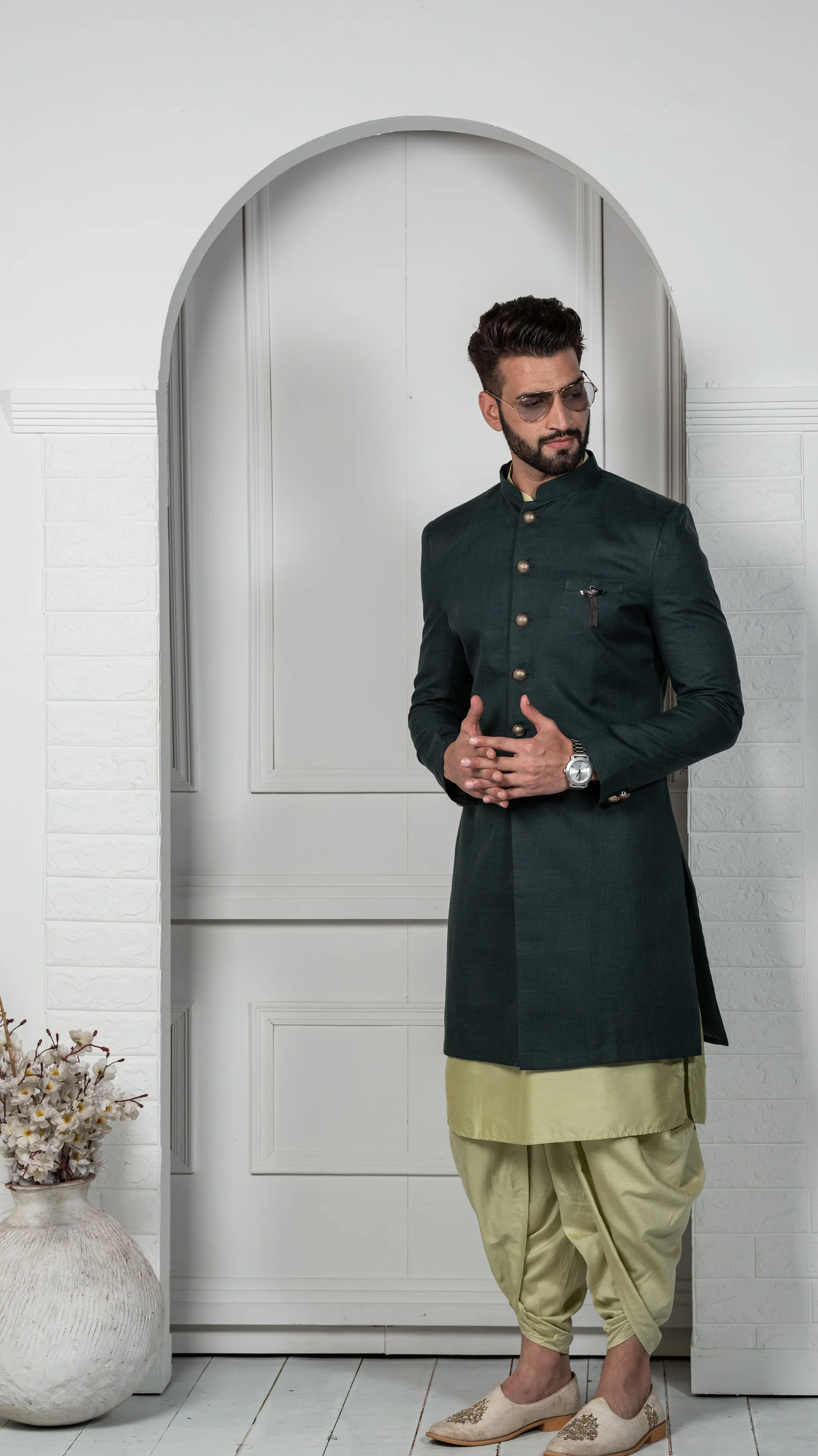 Men's Green Indowestern Set With Kurta and Dhoti - Image 2