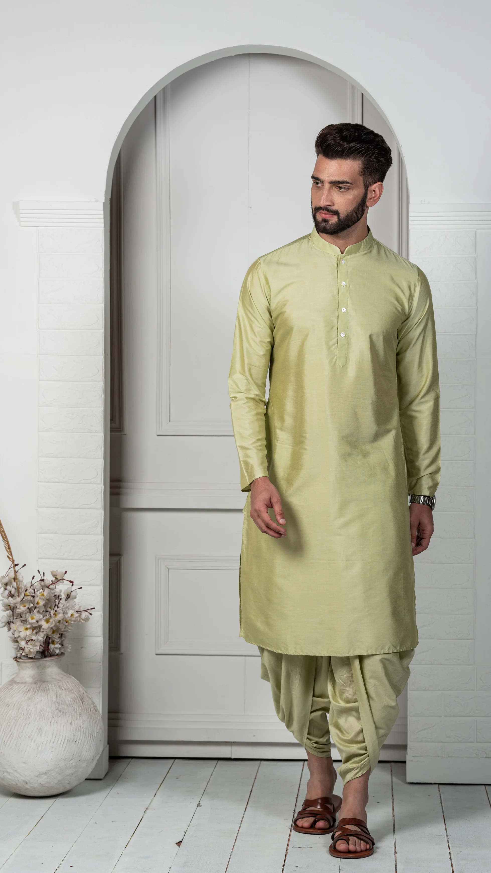 Men's Green Indowestern Set With Kurta and Dhoti - Image 6