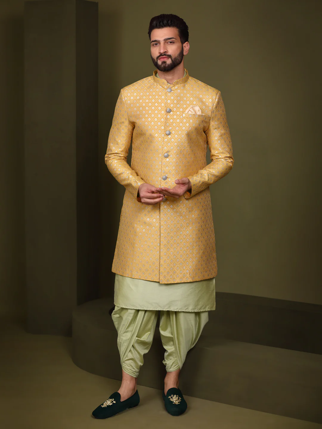 Men's Mustard Indowestern Set With Kurta and Dhoti - Image 2