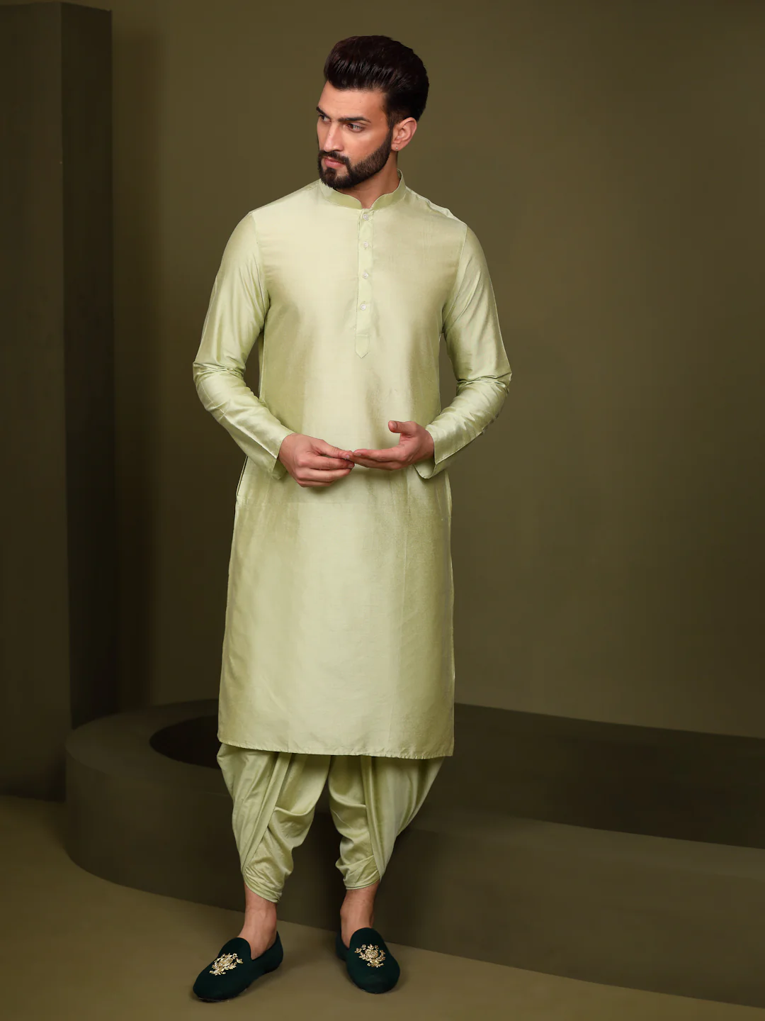 Men's Mustard Indowestern Set With Kurta and Dhoti - Image 6