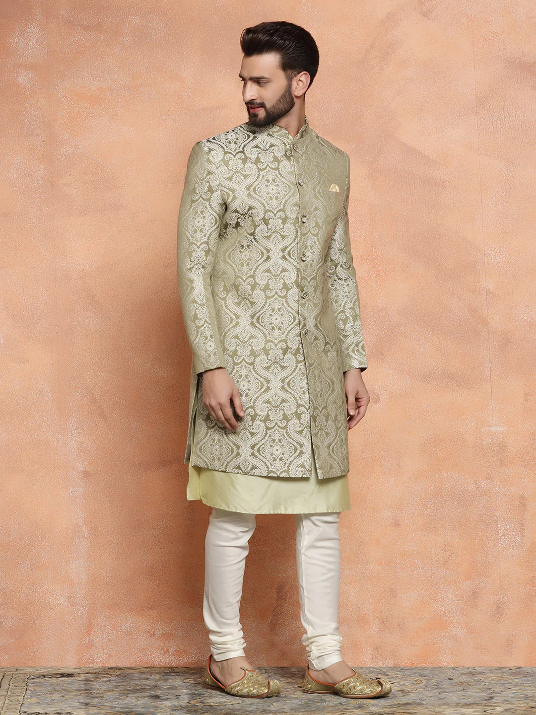 Gold Silk Blend Jacquard Sherwani Set - Image 3