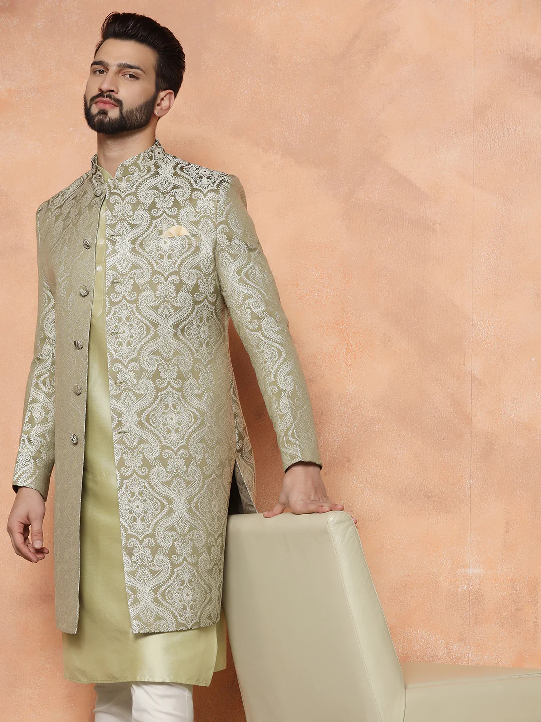 Gold Silk Blend Jacquard Sherwani Set - Image 4